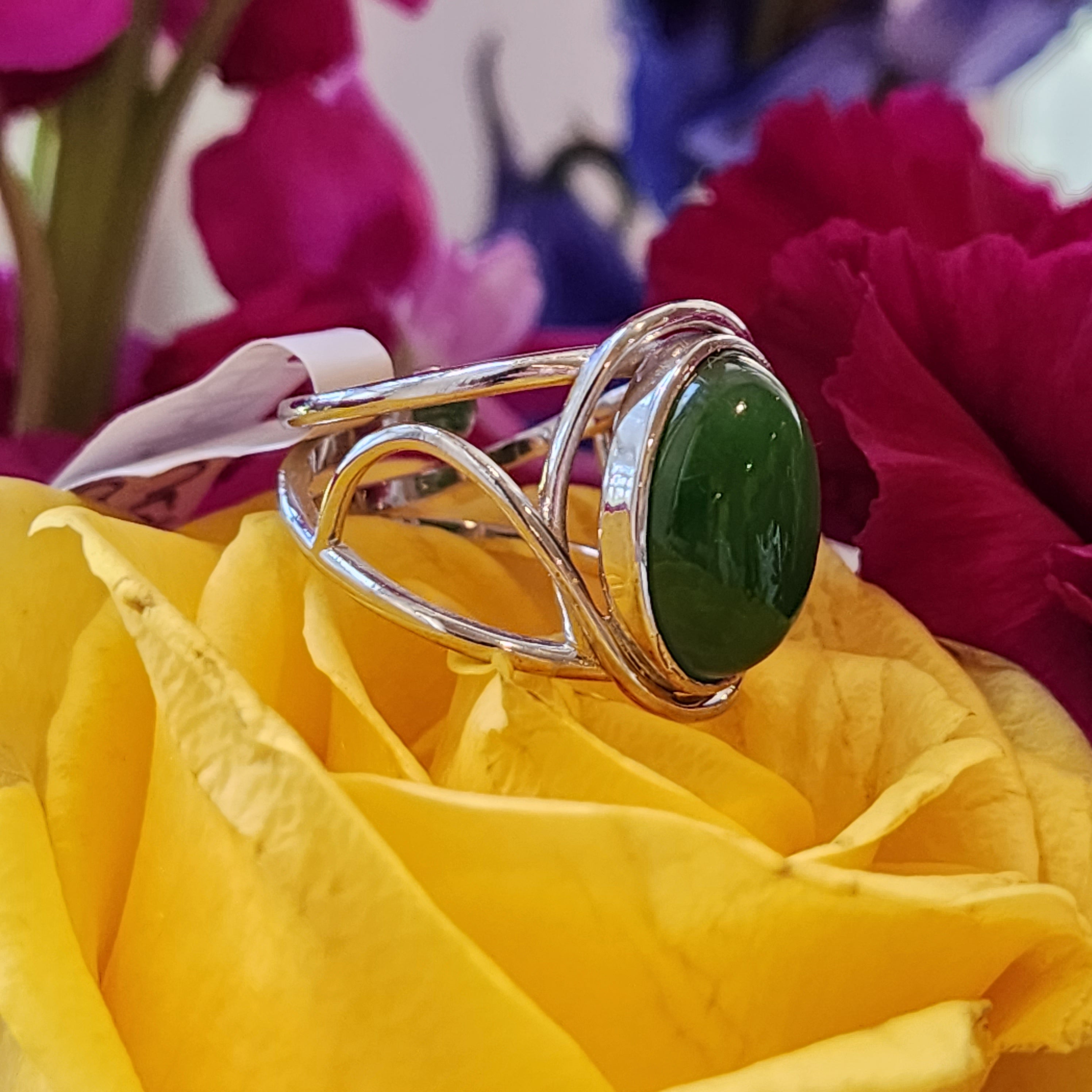 Nephrite Jade Finger Cuff Adjustable Ring .925 Silver for Abundance, Health and Heart Healing