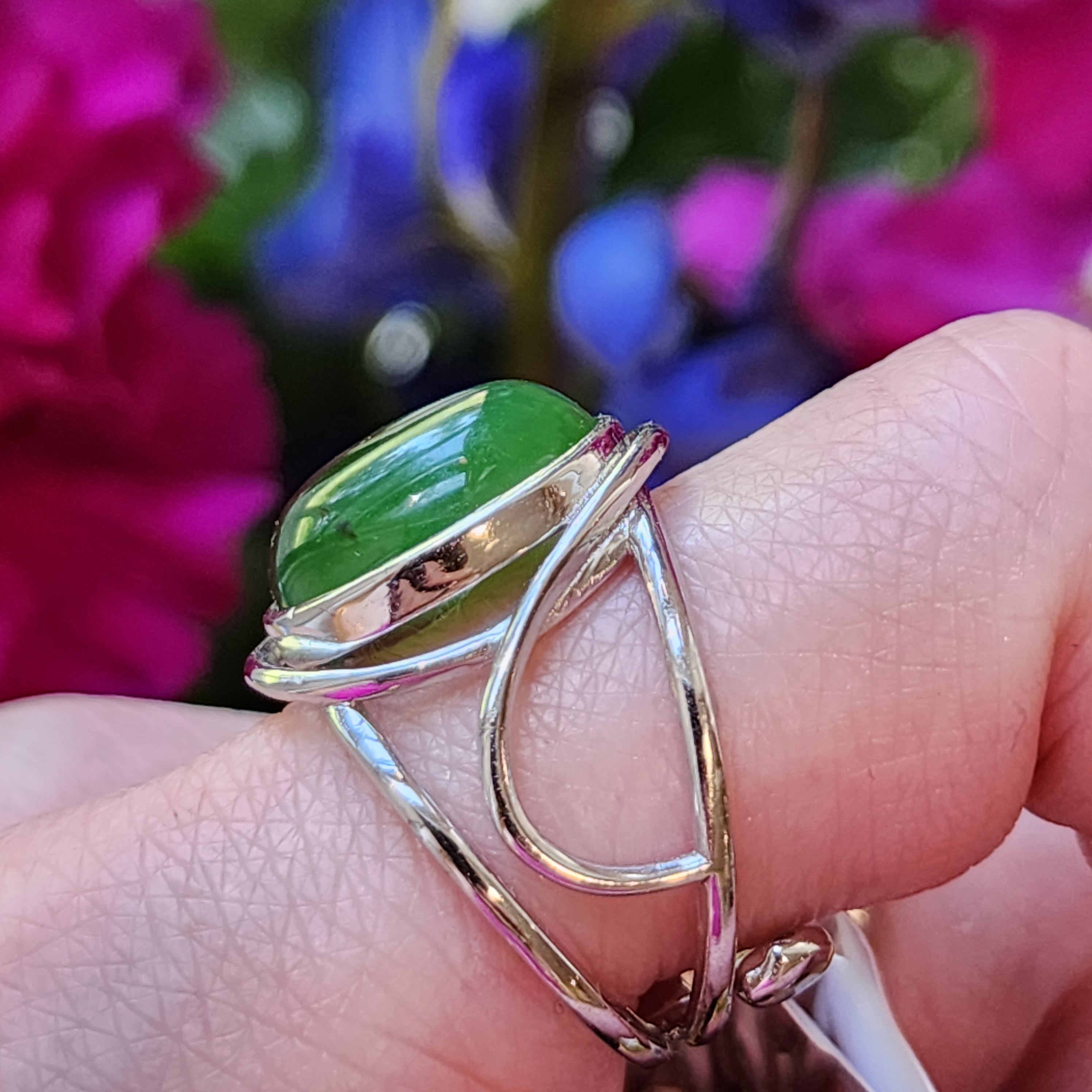 Nephrite Jade Finger Cuff Adjustable Ring .925 Silver for Abundance, Health and Heart Healing