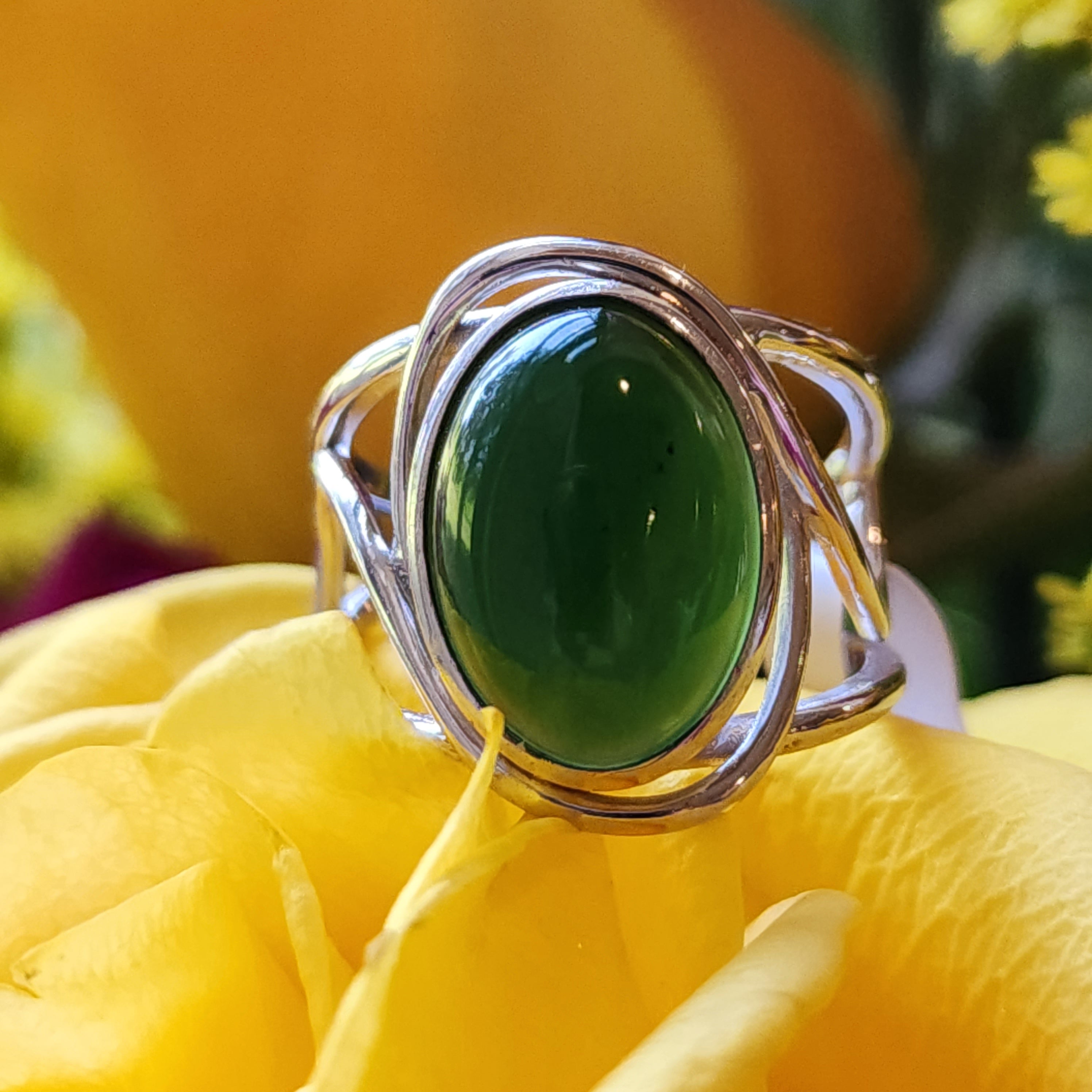 Nephrite Jade Finger Cuff Adjustable Ring .925 Silver for Abundance, Health and Heart Healing