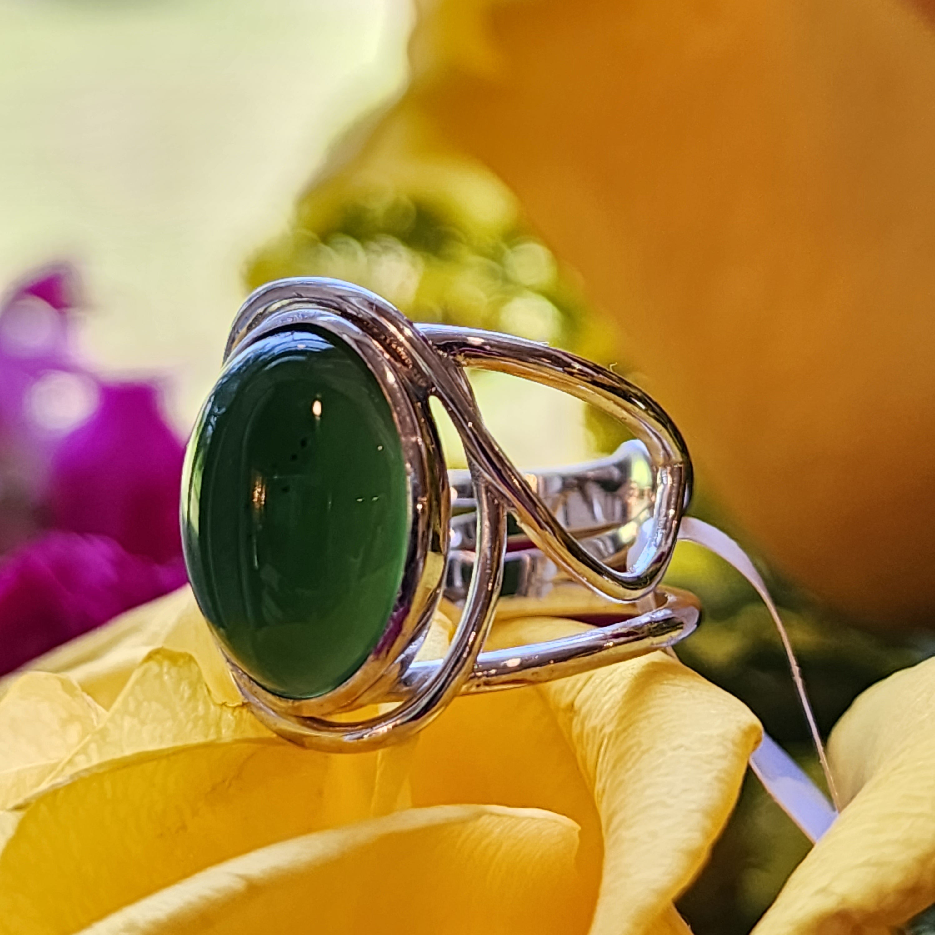 Nephrite Jade Finger Cuff Adjustable Ring .925 Silver for Abundance, Health and Heart Healing