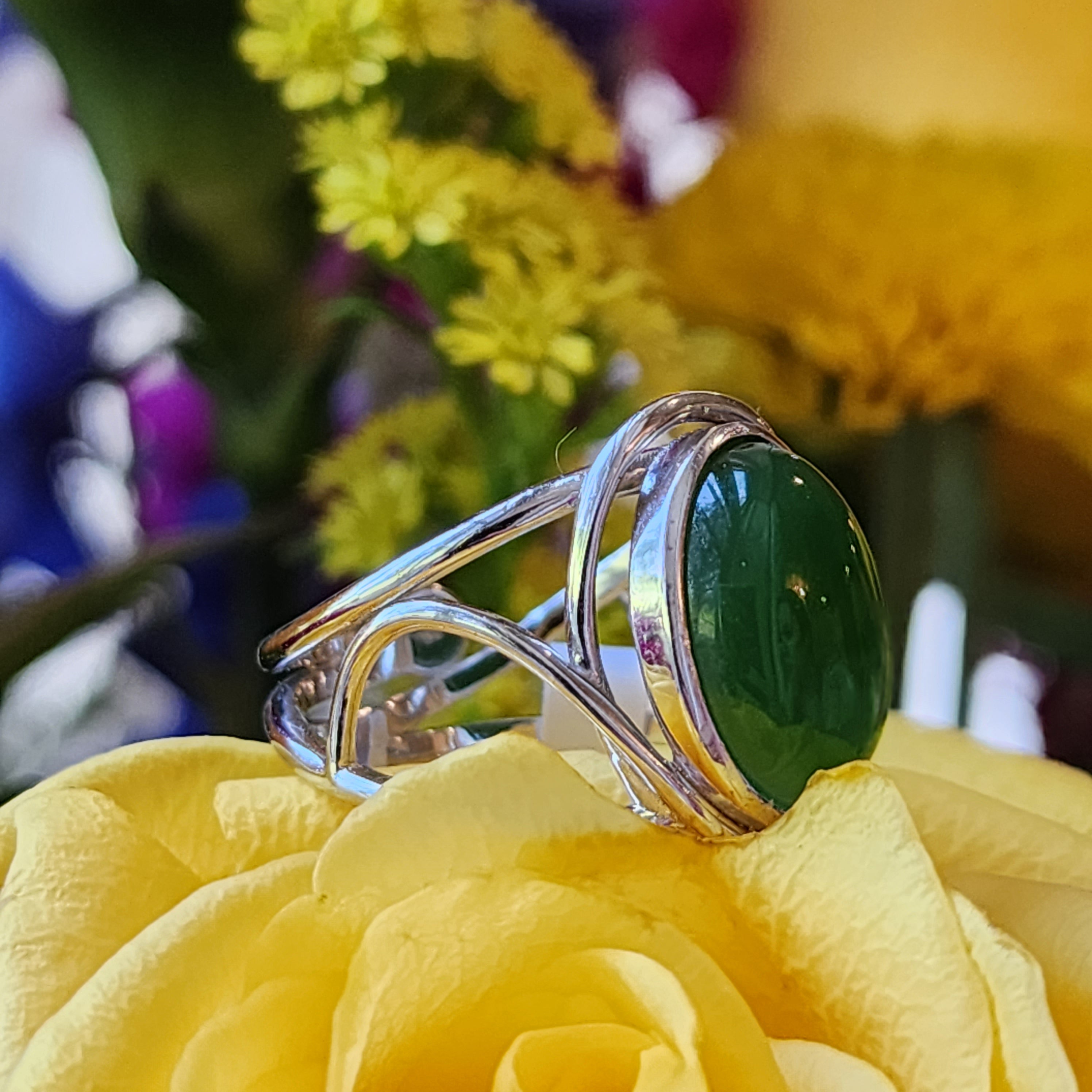 Nephrite Jade Finger Cuff Adjustable Ring .925 Silver for Abundance, Health and Heart Healing