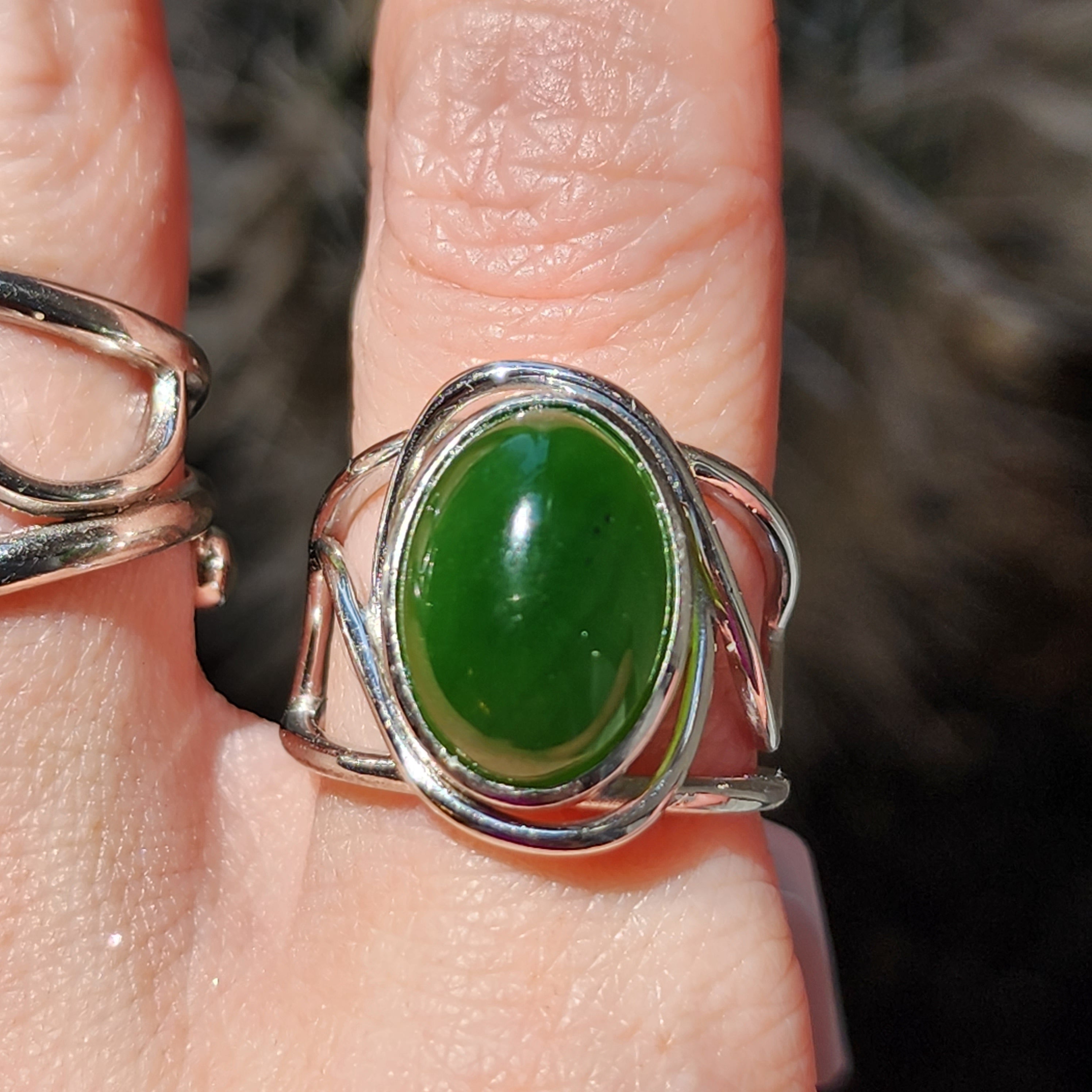 Nephrite Jade Finger Cuff Adjustable Ring .925 Silver for Abundance, Health and Heart Healing