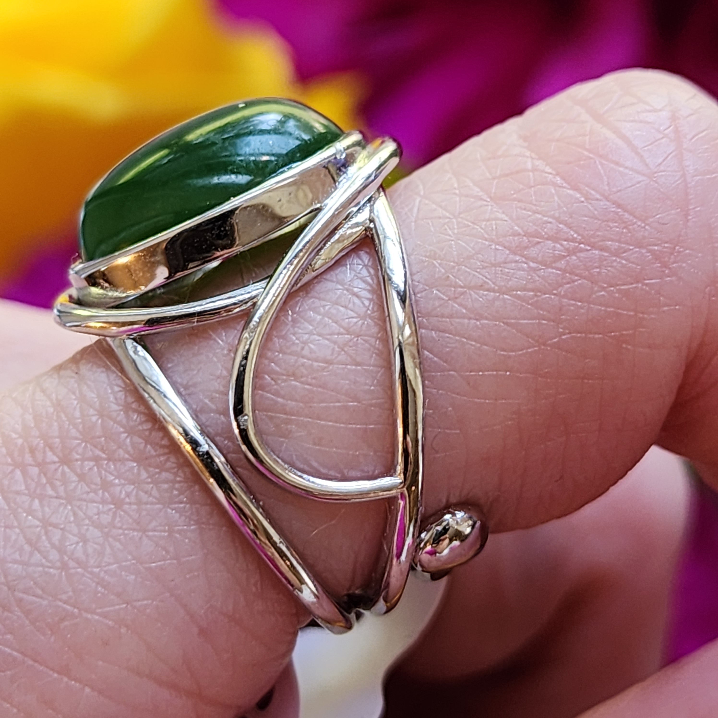 Nephrite Jade Finger Cuff Adjustable Ring .925 Silver for Abundance, Health and Heart Healing