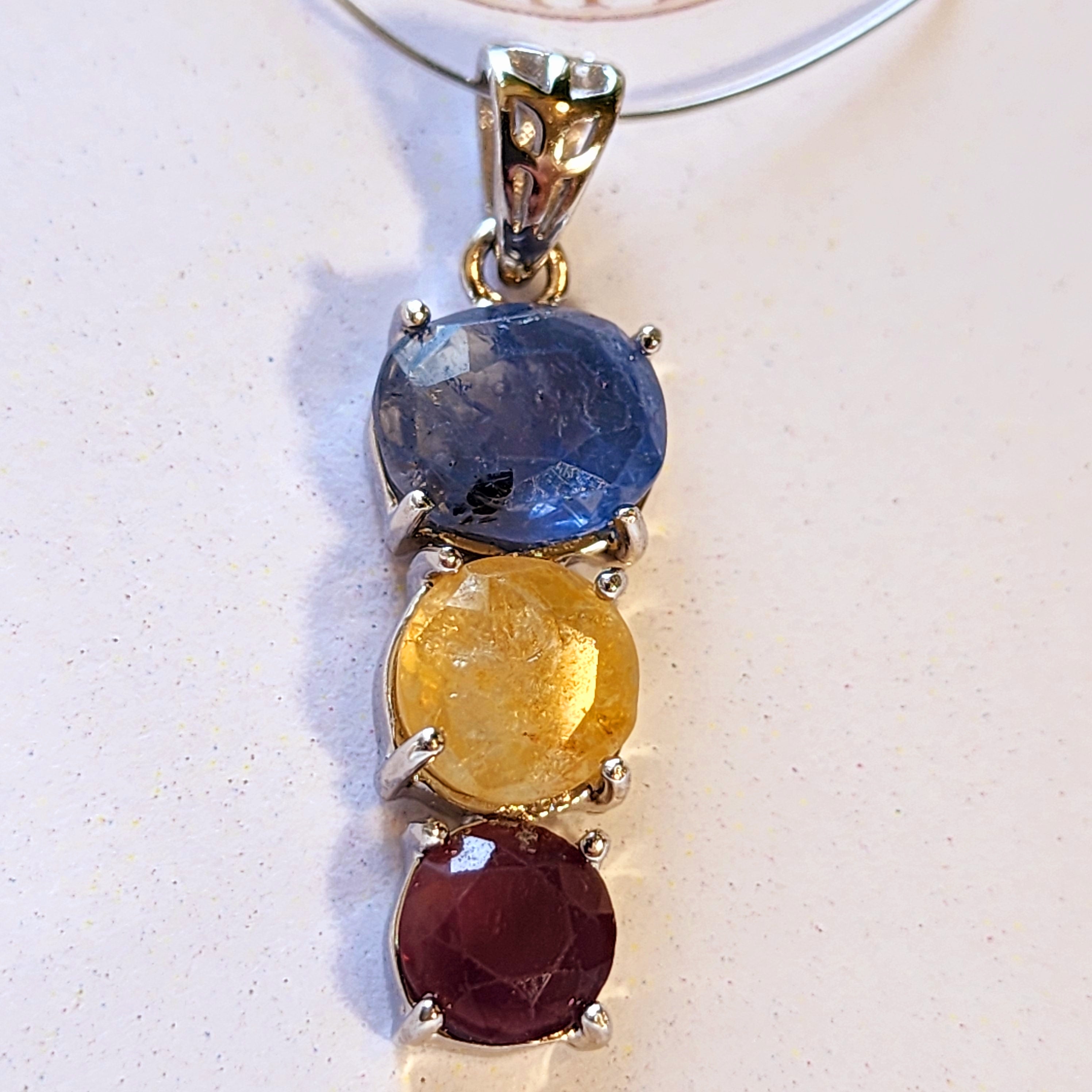 Corundum Dream Ruby, Blue Sapphire & Yellow Sapphire .925 Silver Pendant for Intuition, Good Luck and Revitalizing your Passion for Life