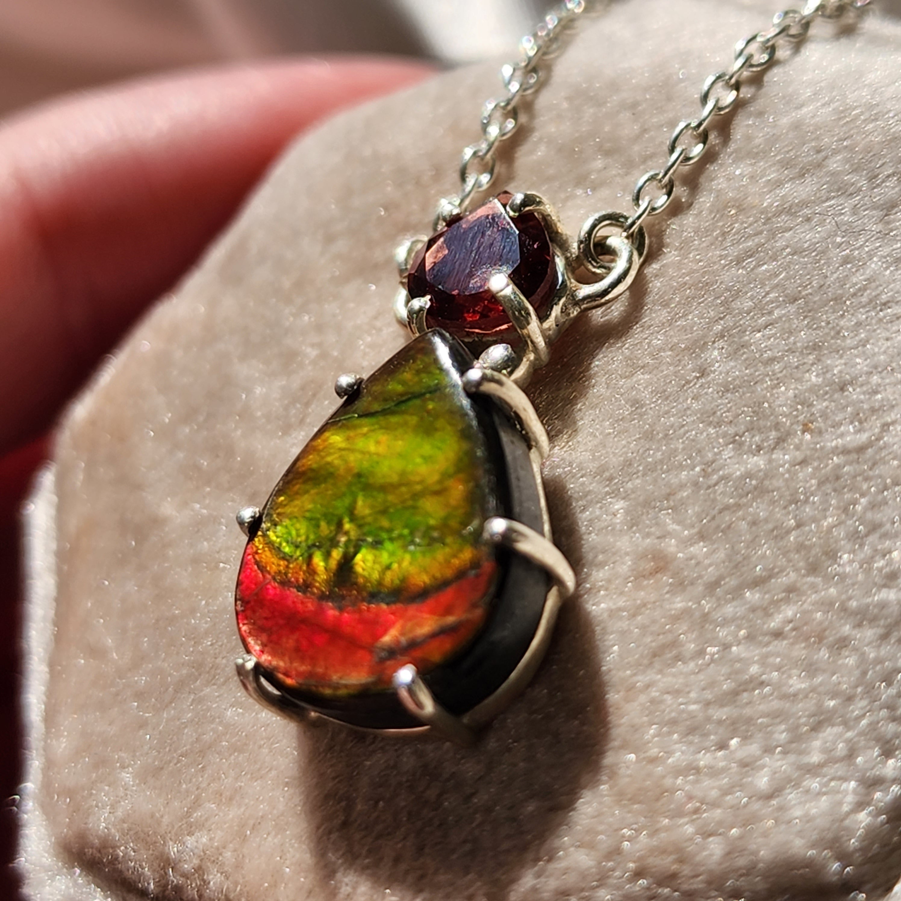 Ammolite x Garnet Necklace .925 Silver for Good Luck, Prosperity and Protection