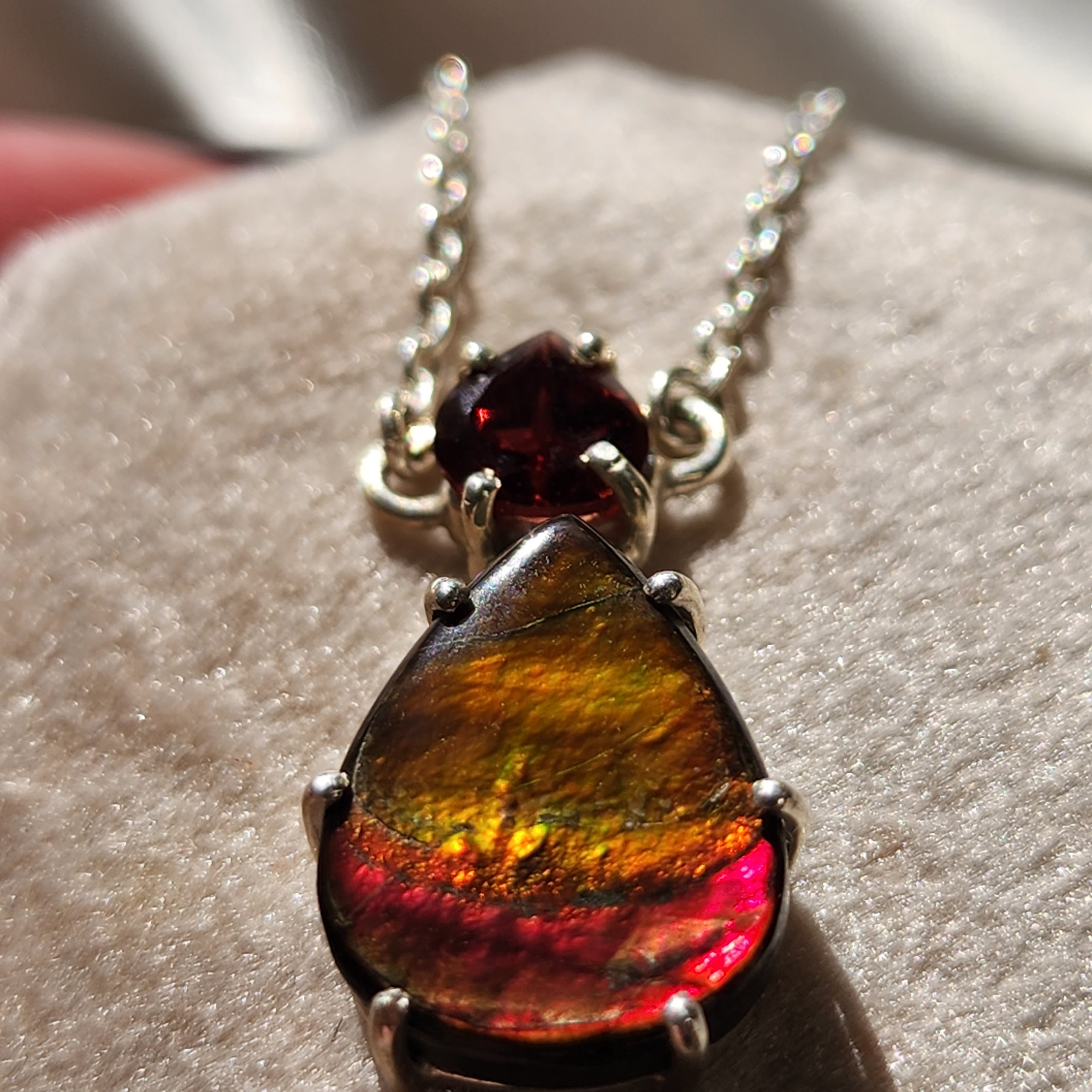 Ammolite x Garnet Necklace .925 Silver for Good Luck, Prosperity and Protection