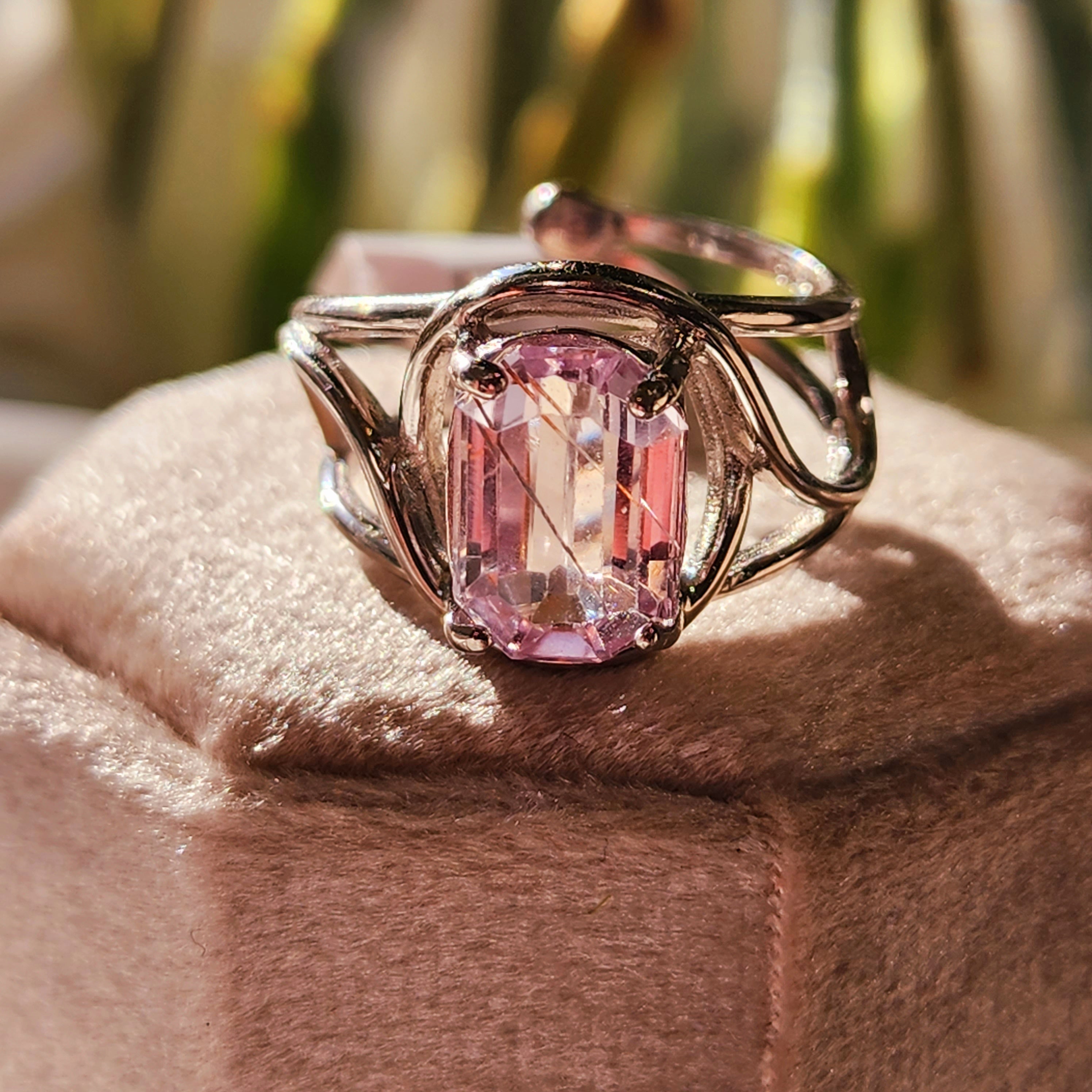 Kunzite with Silver Rutile Finger Cuff Adjustable Ring .925 Silver (High Quality) for Emotional Healing, Joy and Love