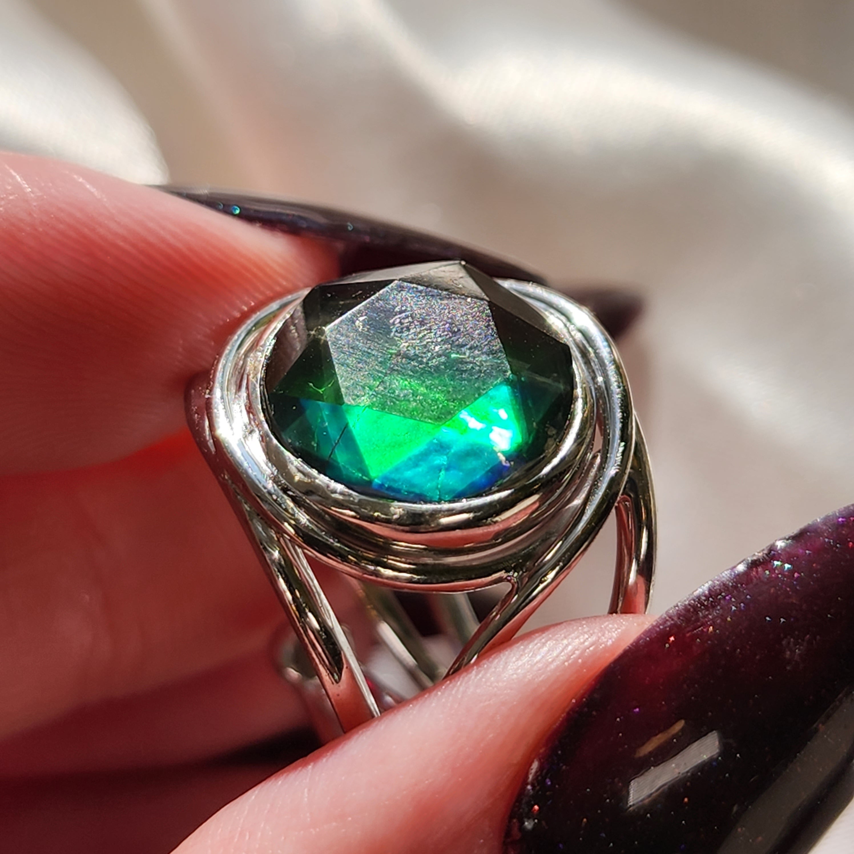 Ammolite Merkaba Finger Cuff Adjustable Ring .925 Sterling Silver for Good Luck, Prosperity and Protection