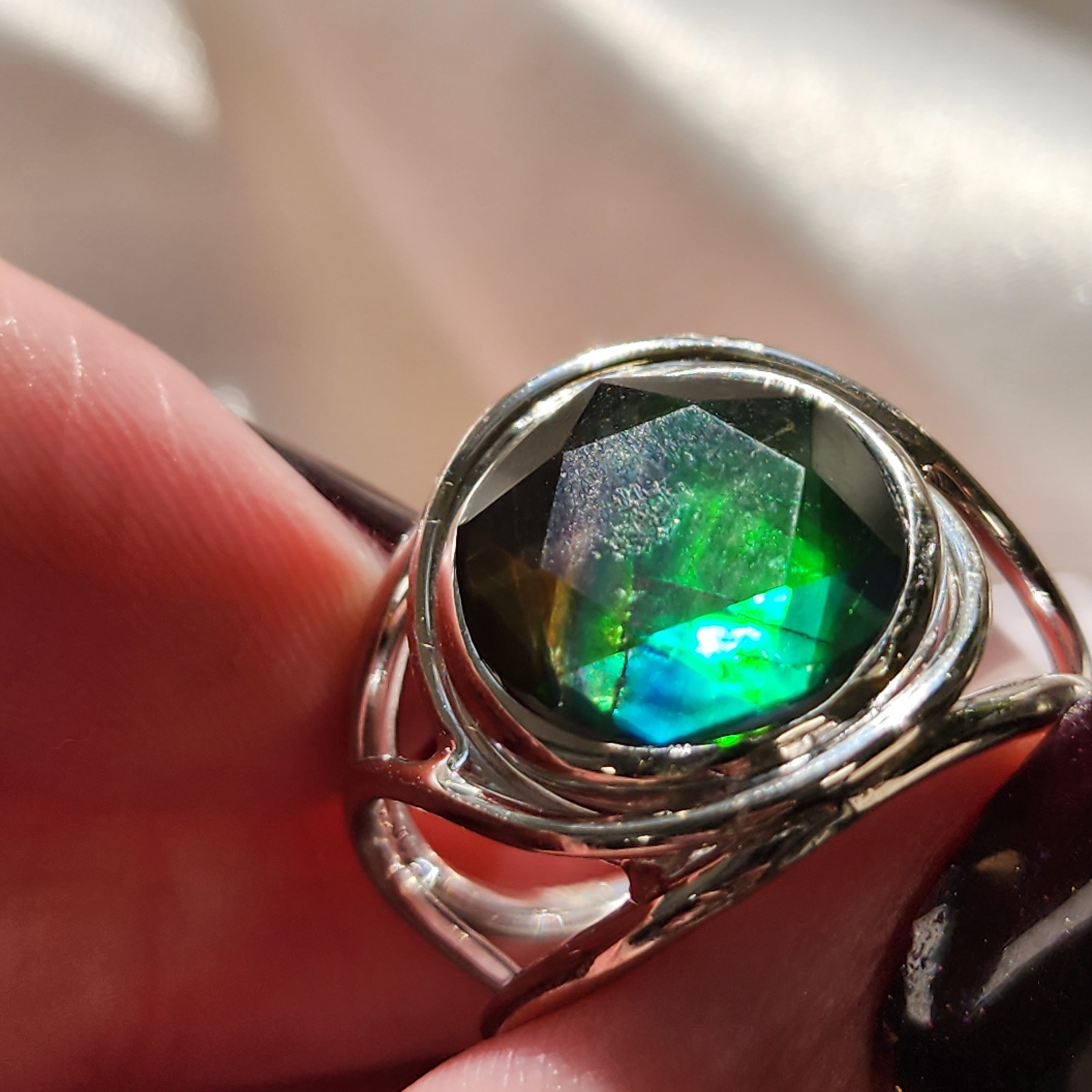 Ammolite Merkaba Finger Cuff Adjustable Ring .925 Sterling Silver for Good Luck, Prosperity and Protection