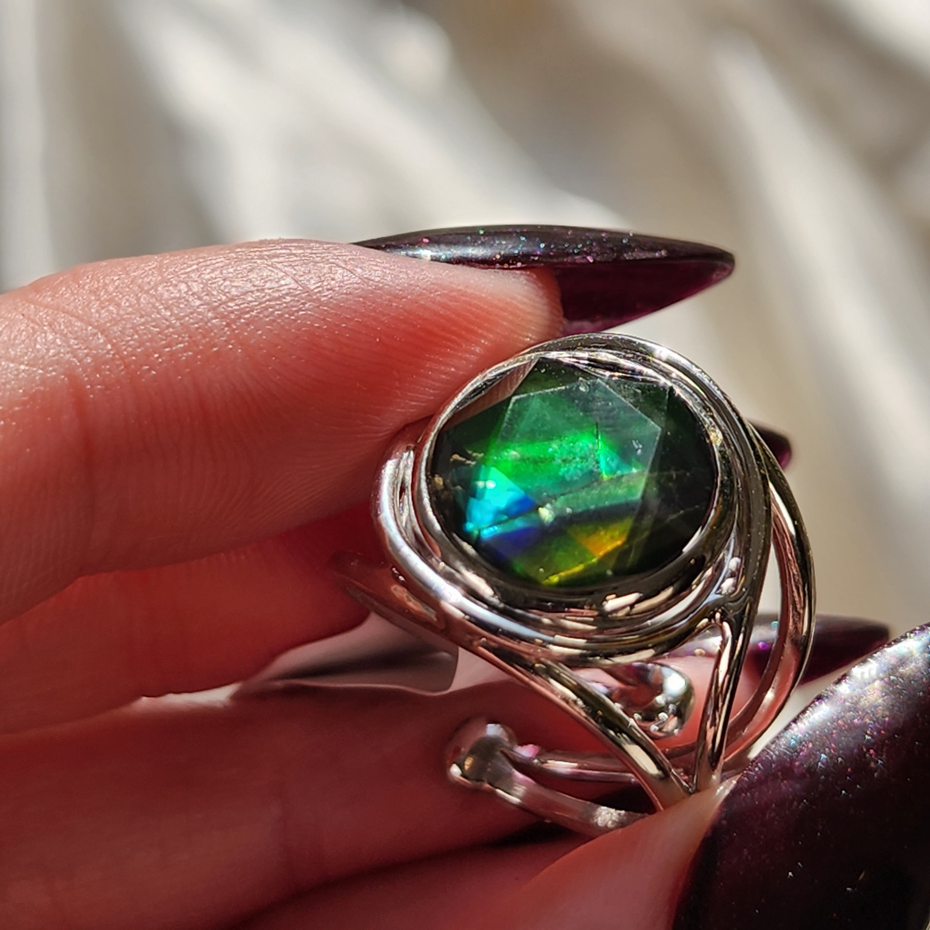 Ammolite Merkaba Finger Cuff Adjustable Ring .925 Sterling Silver for Good Luck, Prosperity and Protection