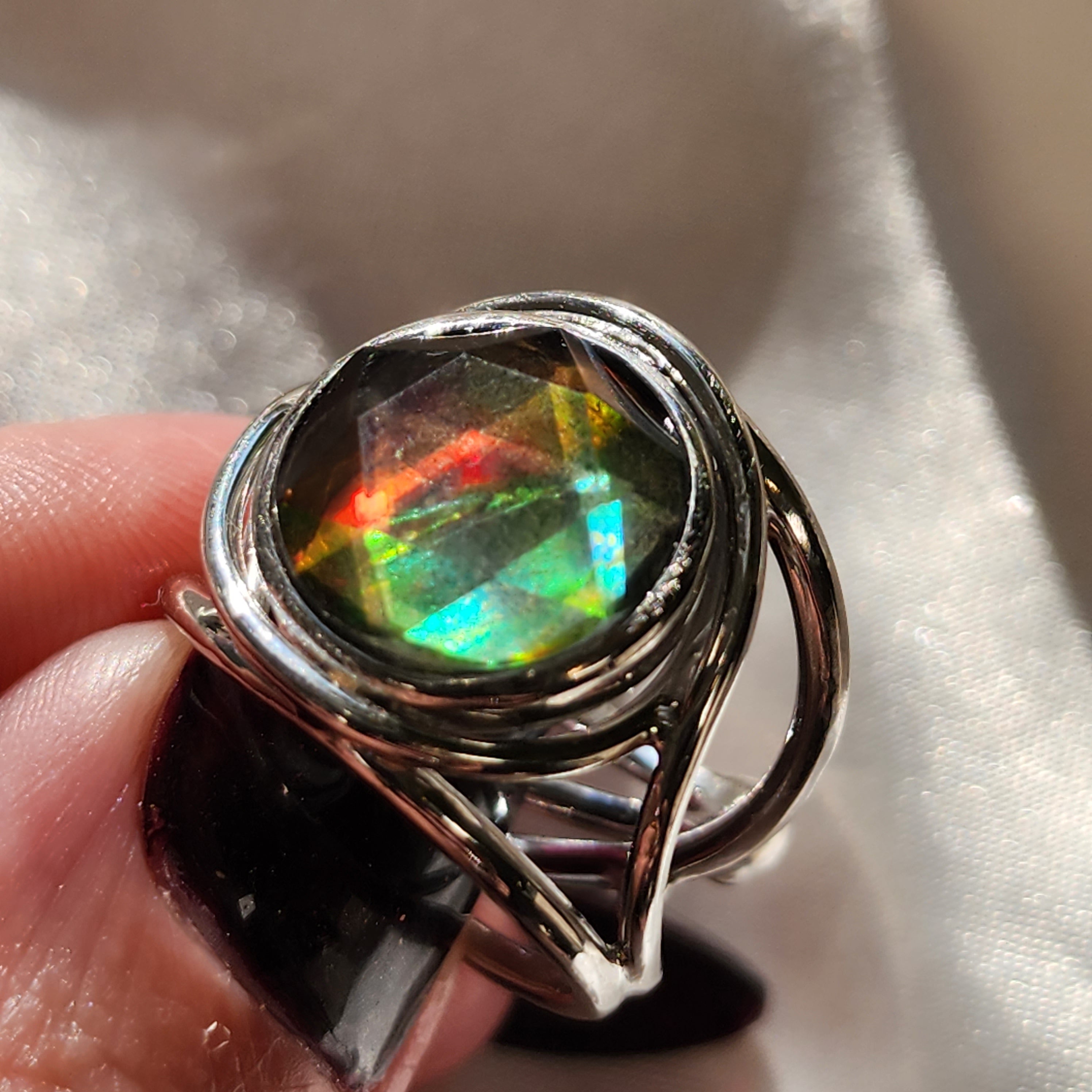 Ammolite Merkaba Finger Cuff Adjustable Ring .925 Sterling Silver for Good Luck, Prosperity and Protection