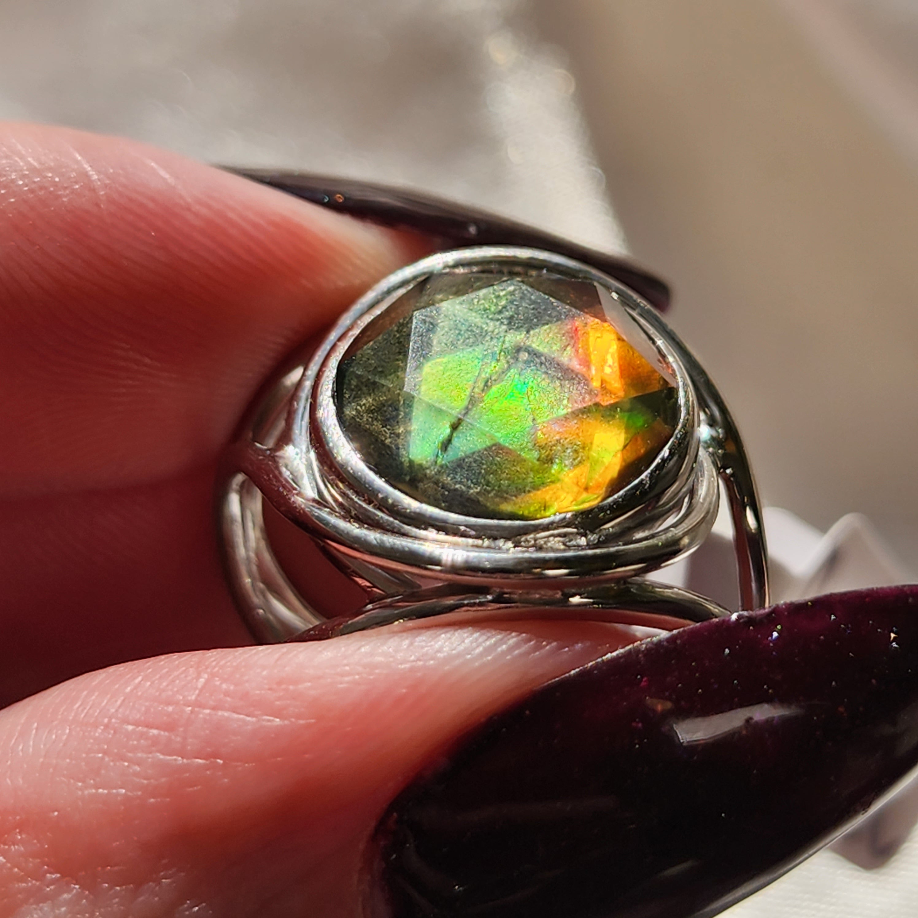 Ammolite Merkaba Finger Cuff Adjustable Ring .925 Sterling Silver for Good Luck, Prosperity and Protection