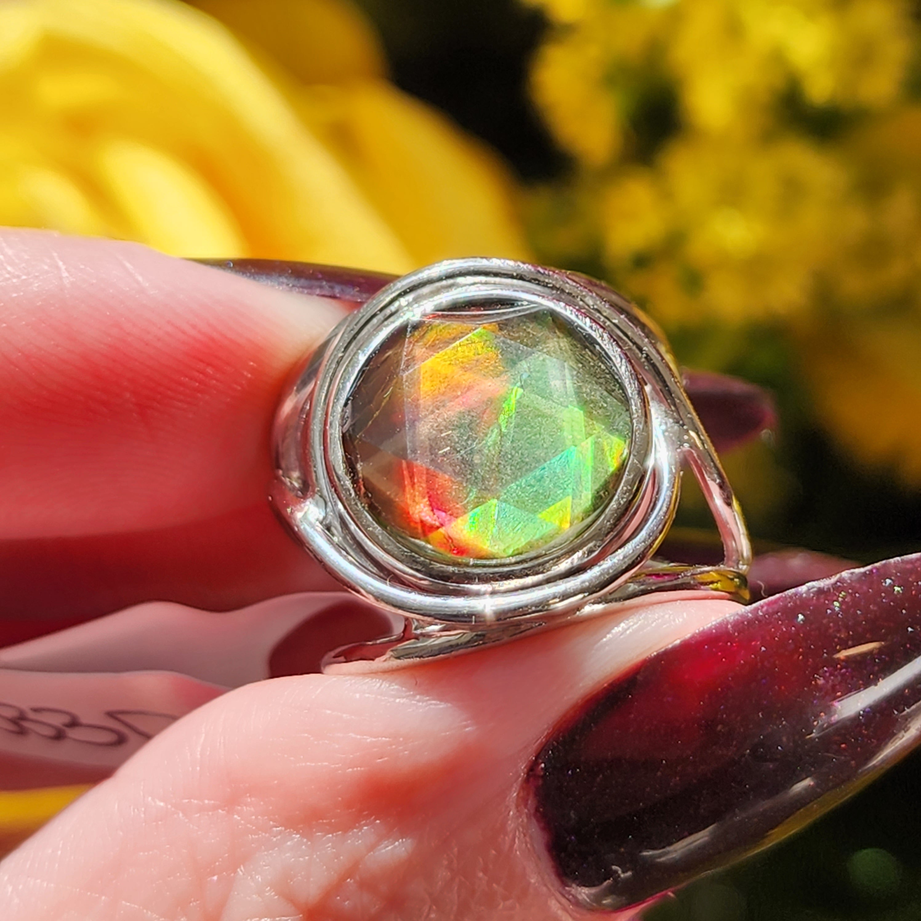 Ammolite Merkaba Finger Cuff Adjustable Ring .925 Sterling Silver for Good Luck, Prosperity and Protection