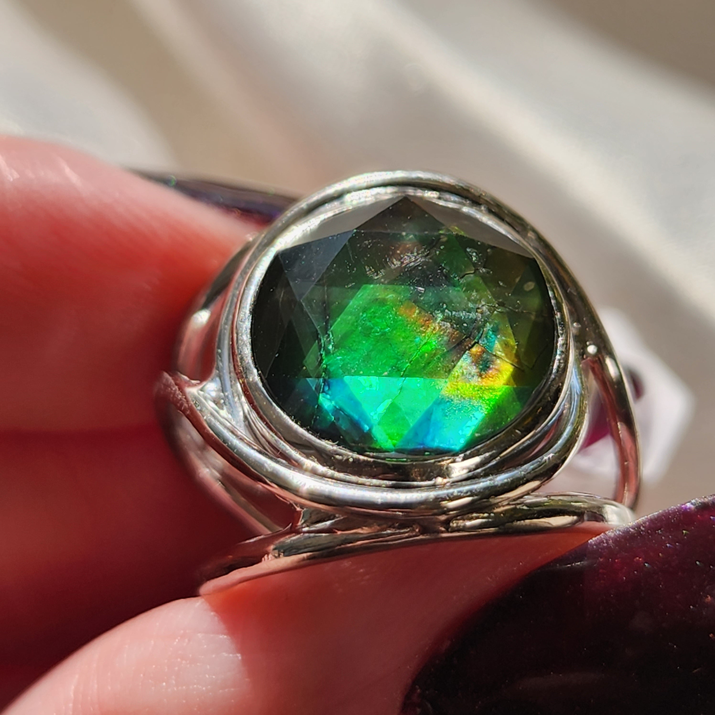 Ammolite Merkaba Finger Cuff Adjustable Ring .925 Sterling Silver for Good Luck, Prosperity and Protection