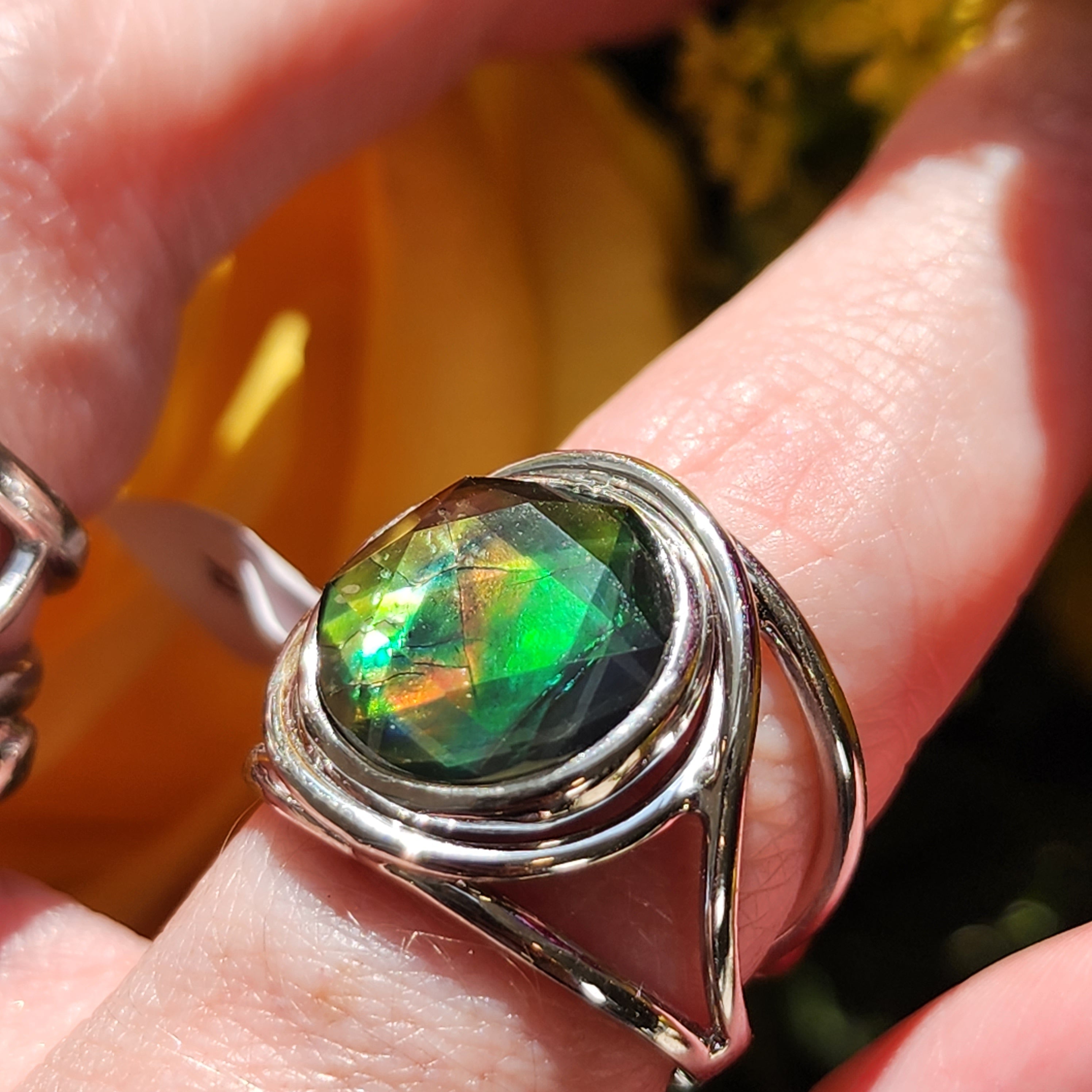 Ammolite Merkaba Finger Cuff Adjustable Ring .925 Sterling Silver for Good Luck, Prosperity and Protection