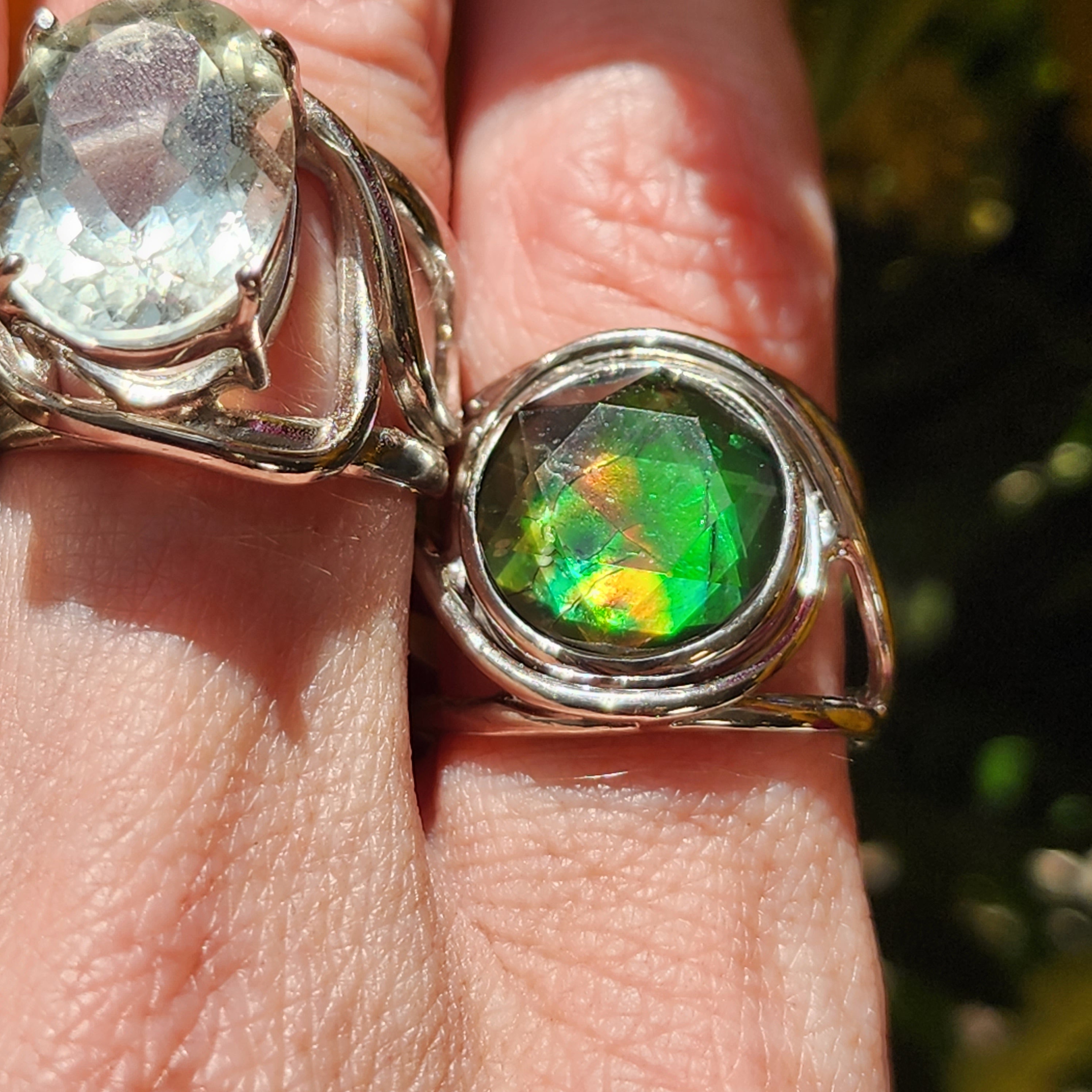 Ammolite Merkaba Finger Cuff Adjustable Ring .925 Sterling Silver for Good Luck, Prosperity and Protection