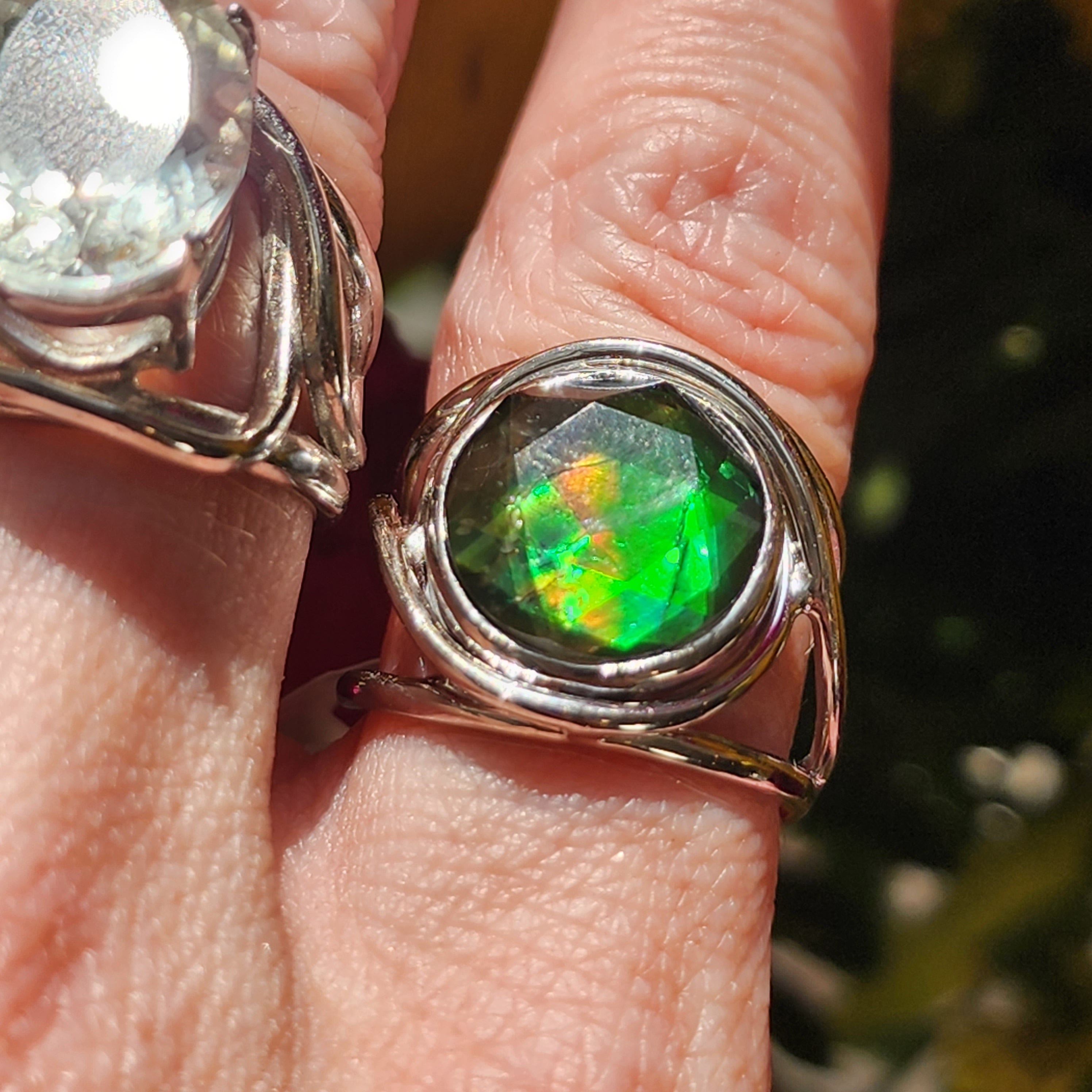 Ammolite Merkaba Finger Cuff Adjustable Ring .925 Sterling Silver for Good Luck, Prosperity and Protection