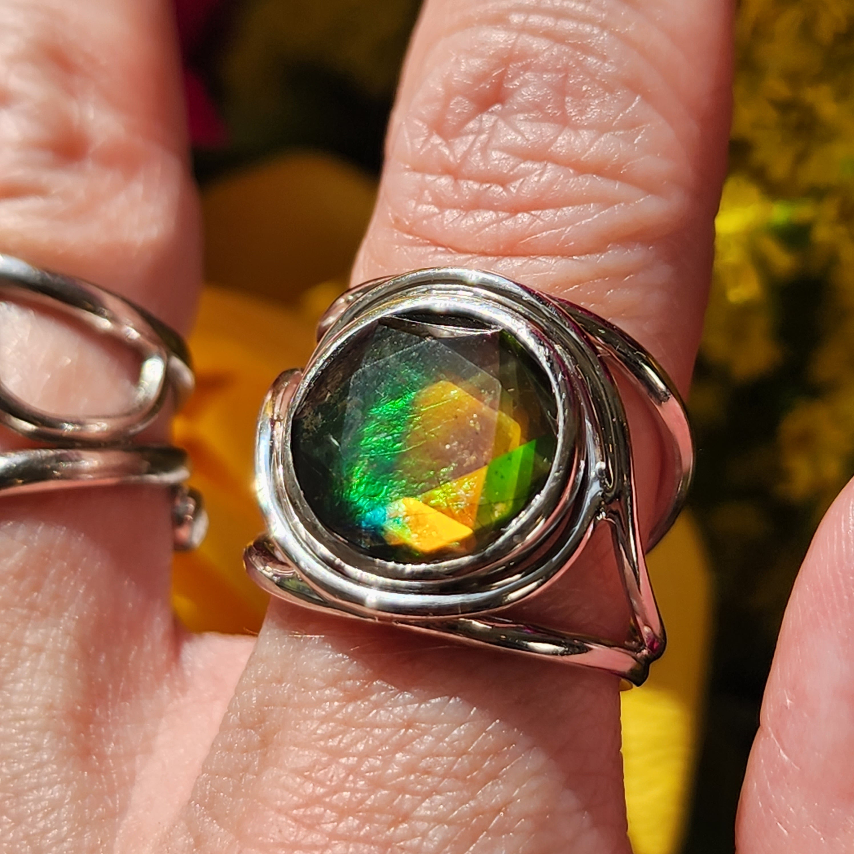 Ammolite Merkaba Finger Cuff Adjustable Ring .925 Sterling Silver for Good Luck, Prosperity and Protection