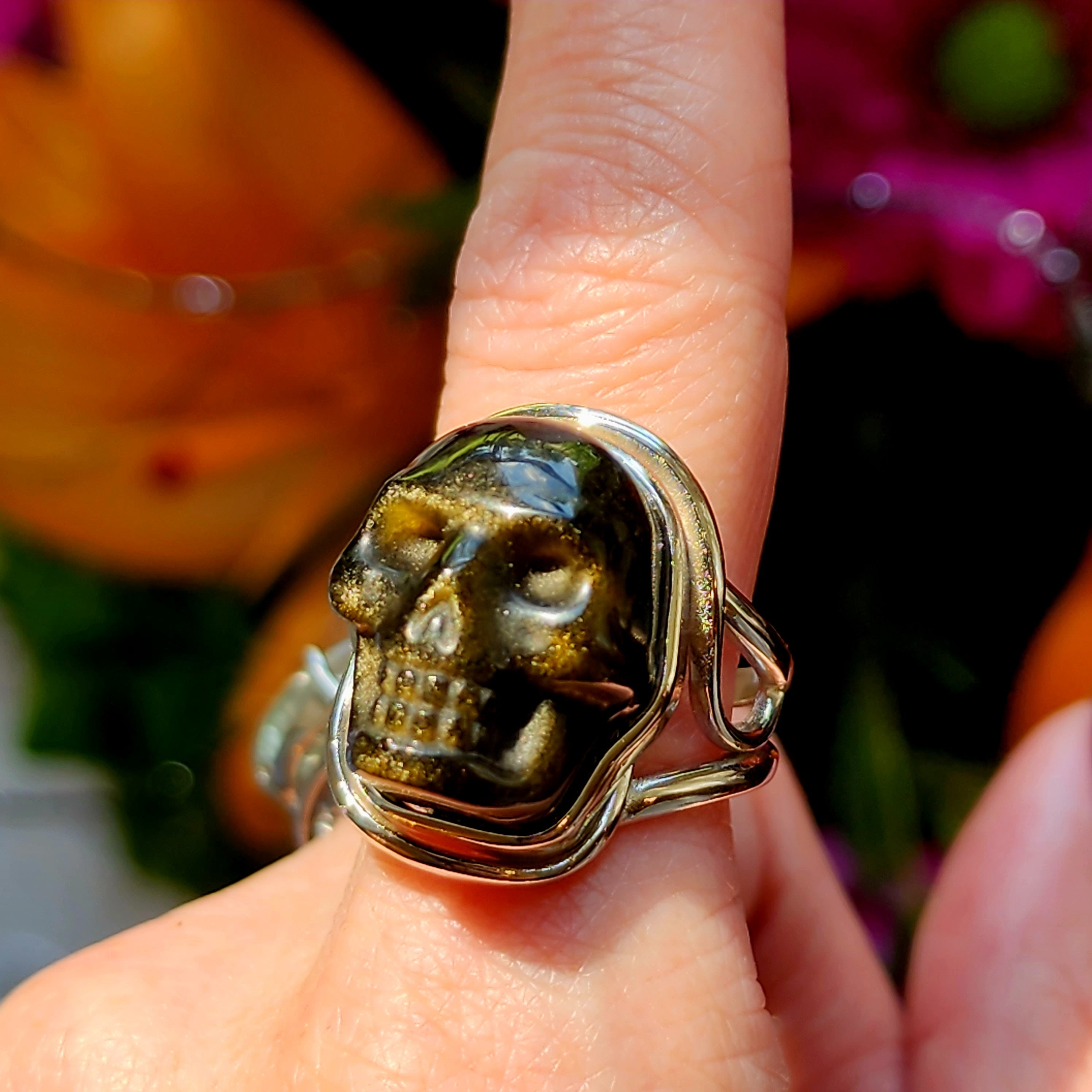 Gold Sheen Obsidian Skull Finger Cuff Adjustable Ring .925 Silver for Powerful Protection and Rising Above Negative Vibes