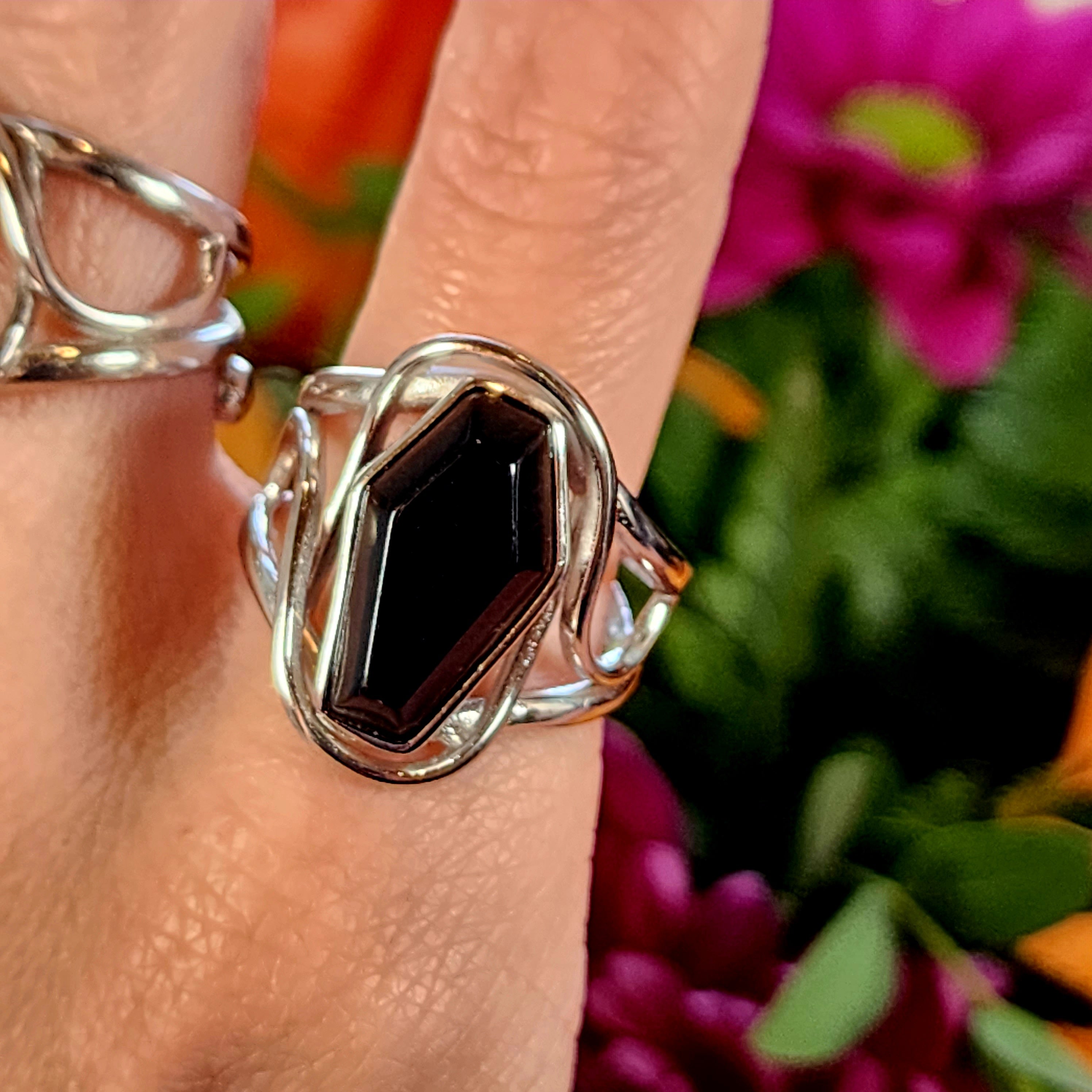Black Obsidian Coffin Finger Cuff Adjustable Ring .925 Silver for Powerful Protection and Rising Above Negative Vibes