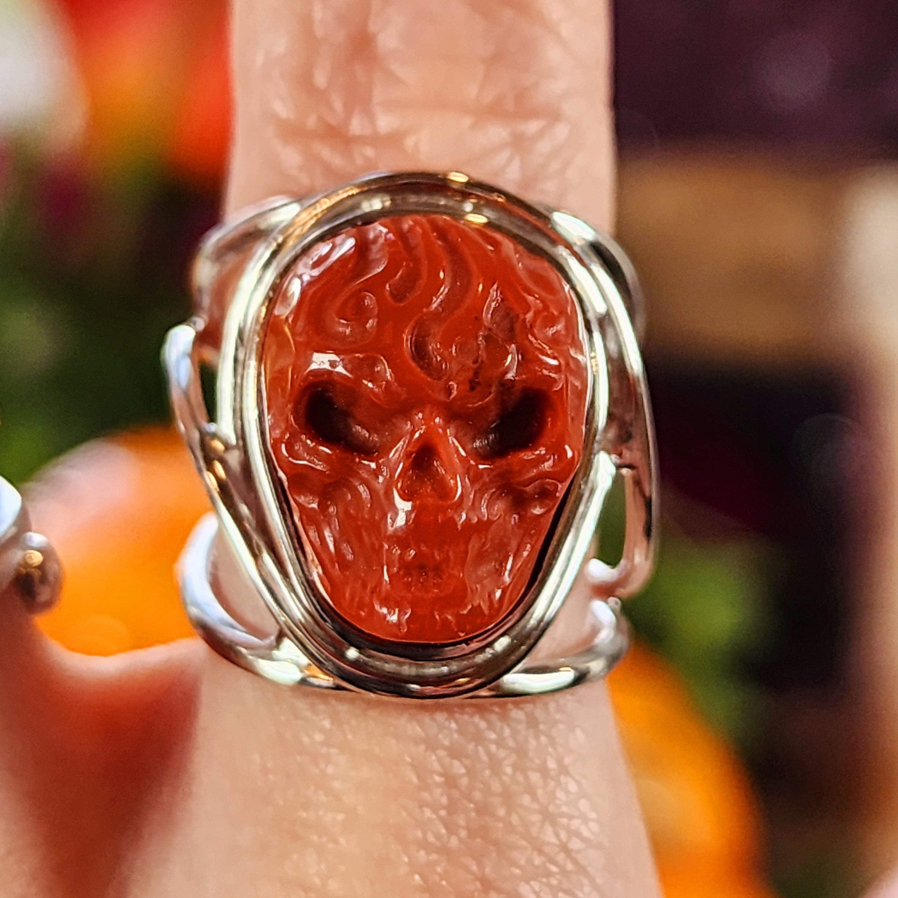 Carnelian Skull Finger Cuff Adjustable Ring .925 Silver for Personal Power