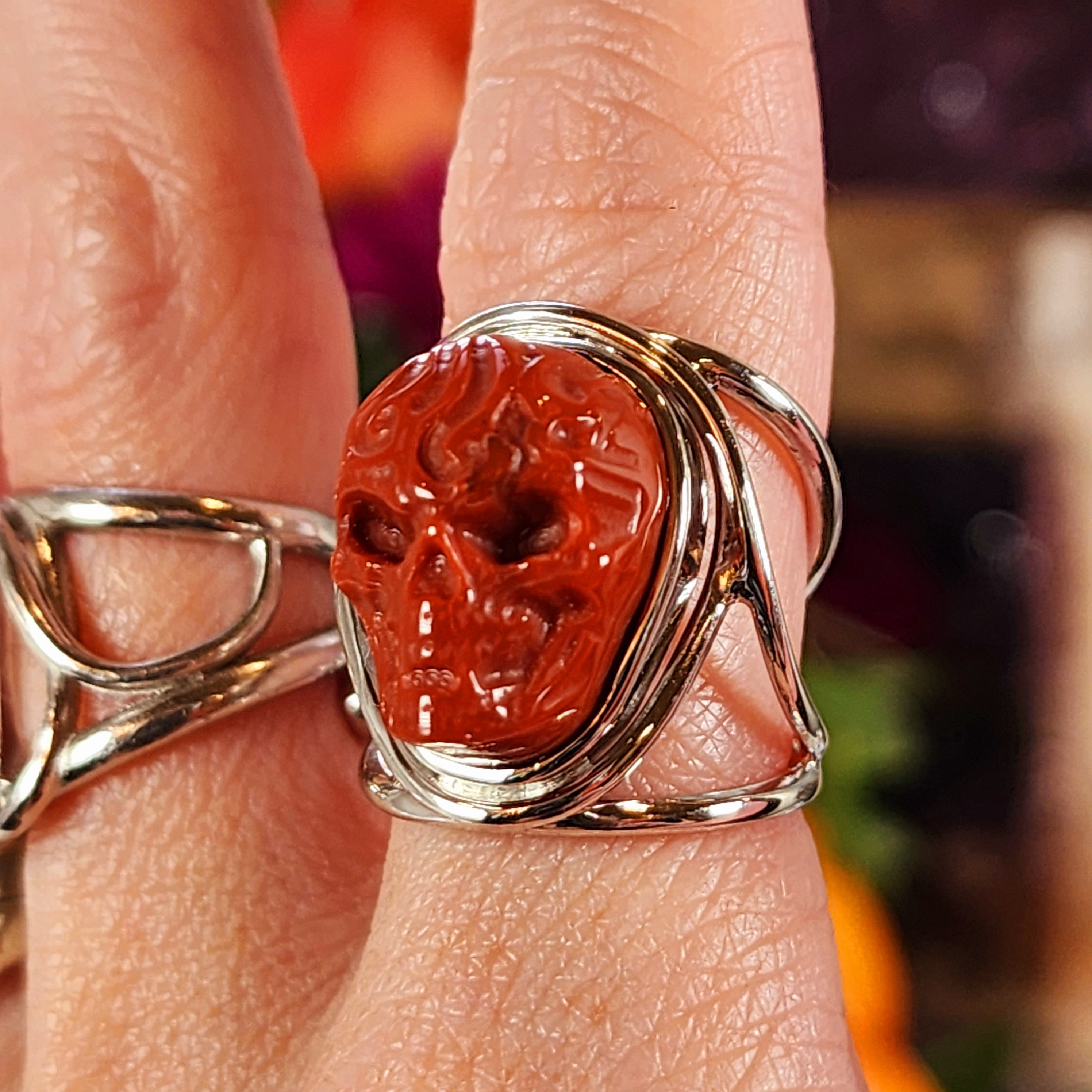 Carnelian Skull Finger Cuff Adjustable Ring .925 Silver for Personal Power