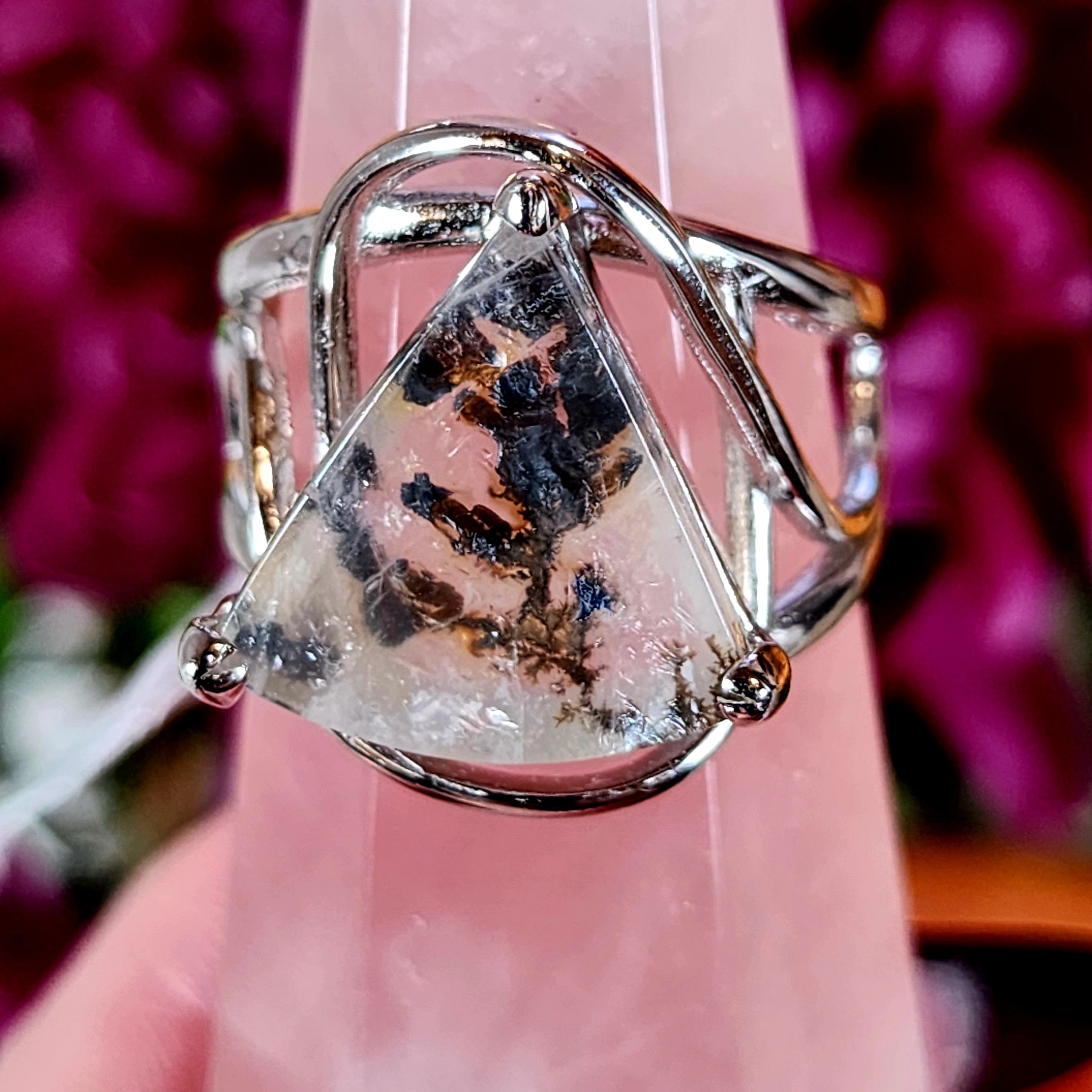 Dendritic Girasol Quartz with Golden Healer Finger Cuff Adjustable Ring .925 Silver for Master Healing, Grounding & Transformation