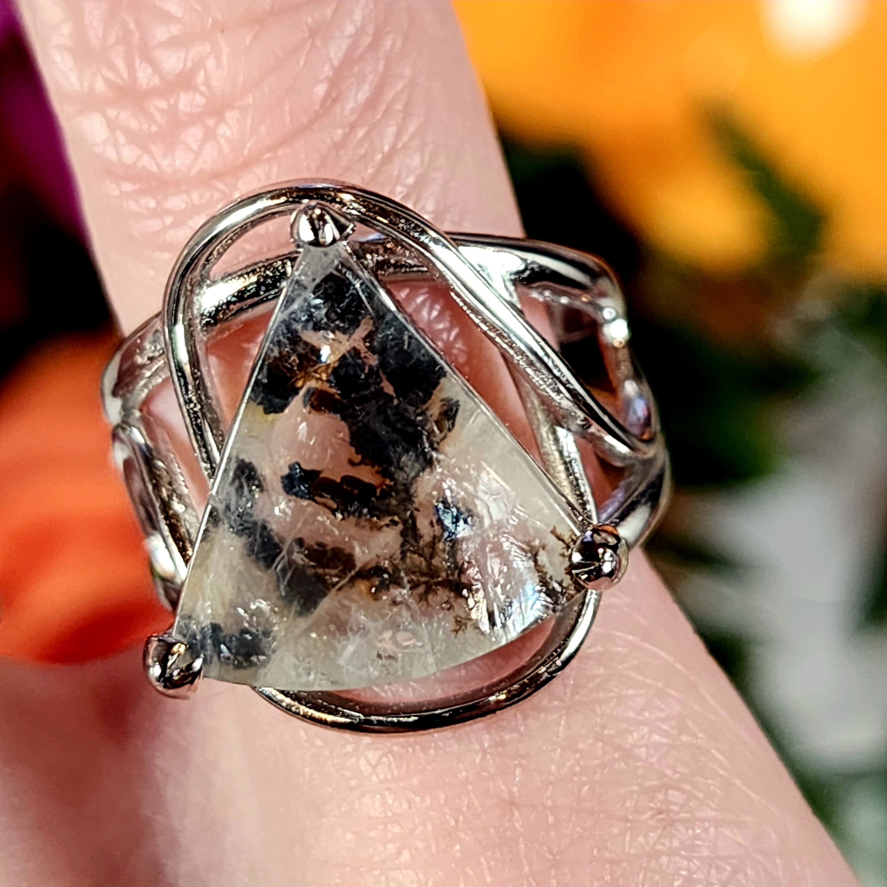 Dendritic Girasol Quartz with Golden Healer Finger Cuff Adjustable Ring .925 Silver for Master Healing, Grounding & Transformation