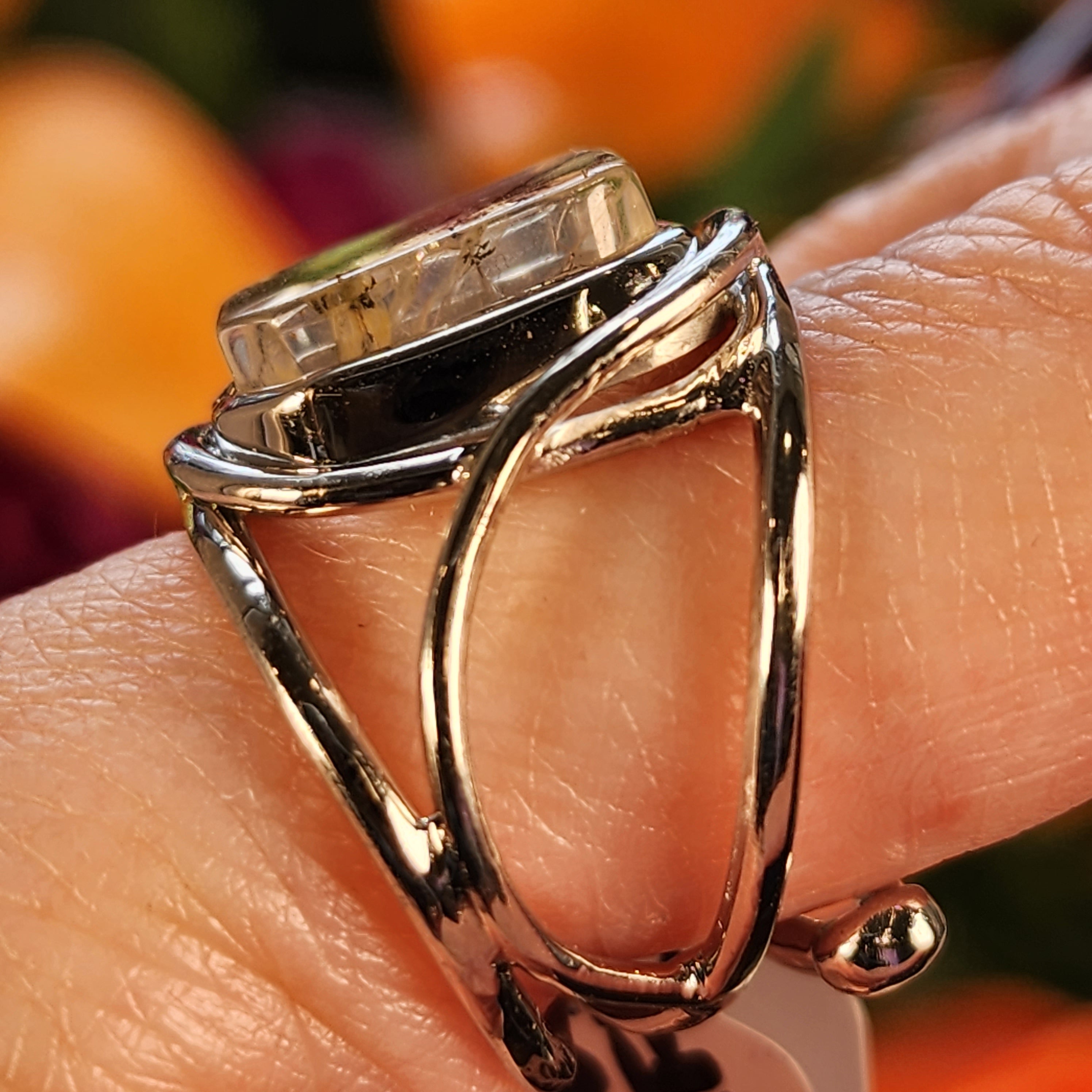 Dendritic Girasol Quartz with Golden Healer Finger Cuff Adjustable Ring .925 Silver for Master Healing, Grounding & Transformation