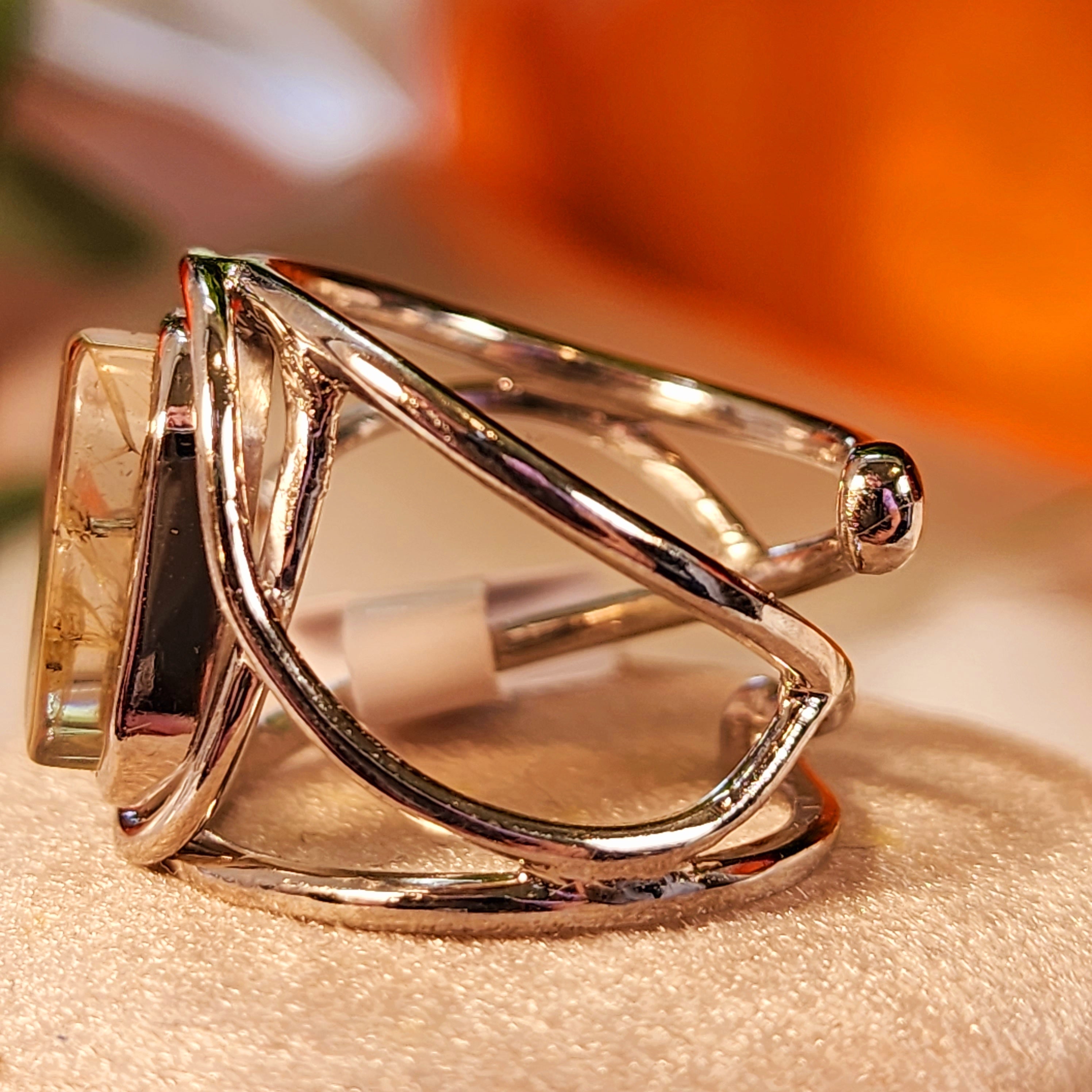 Dendritic Girasol Quartz with Golden Healer Finger Cuff Adjustable Ring .925 Silver for Master Healing, Grounding & Transformation