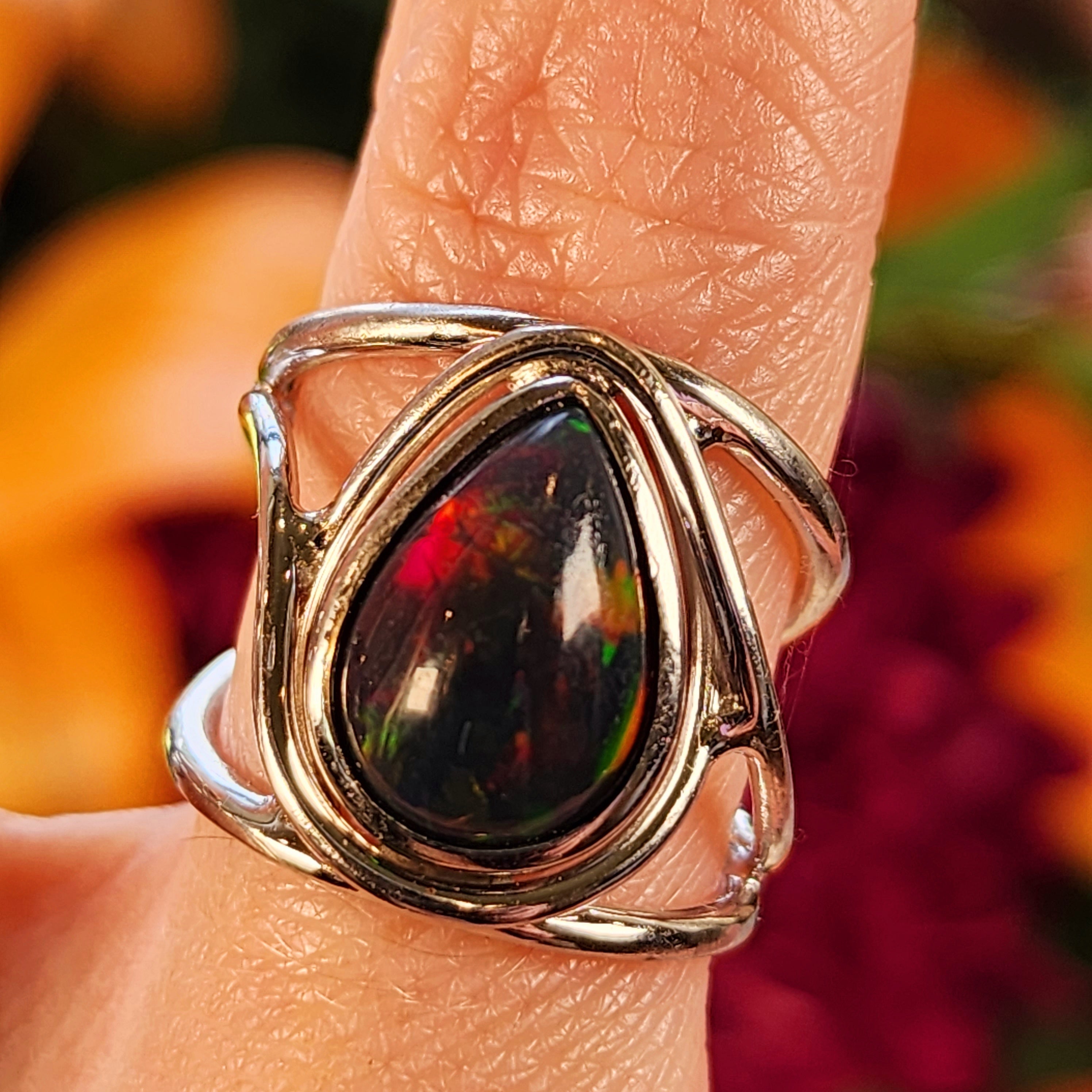 Black Precious Opal Finger Cuff Adjustable Ring .925 Silver for Good Luck, Protection and Joy