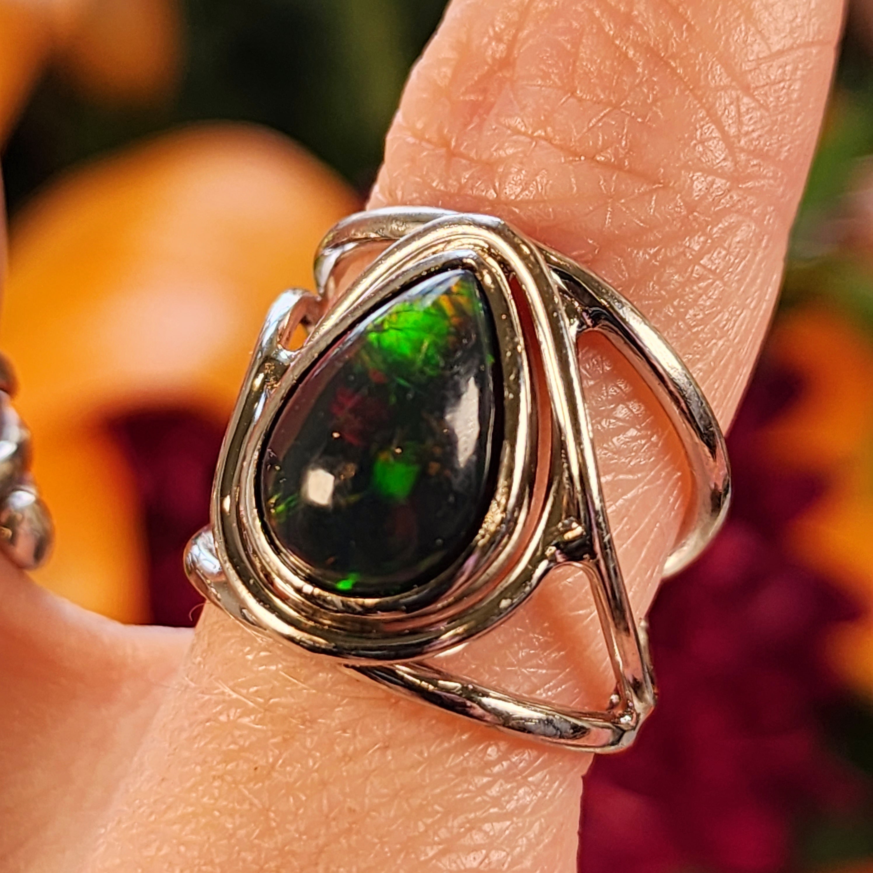 Black Precious Opal Finger Cuff Adjustable Ring .925 Silver for Good Luck, Protection and Joy