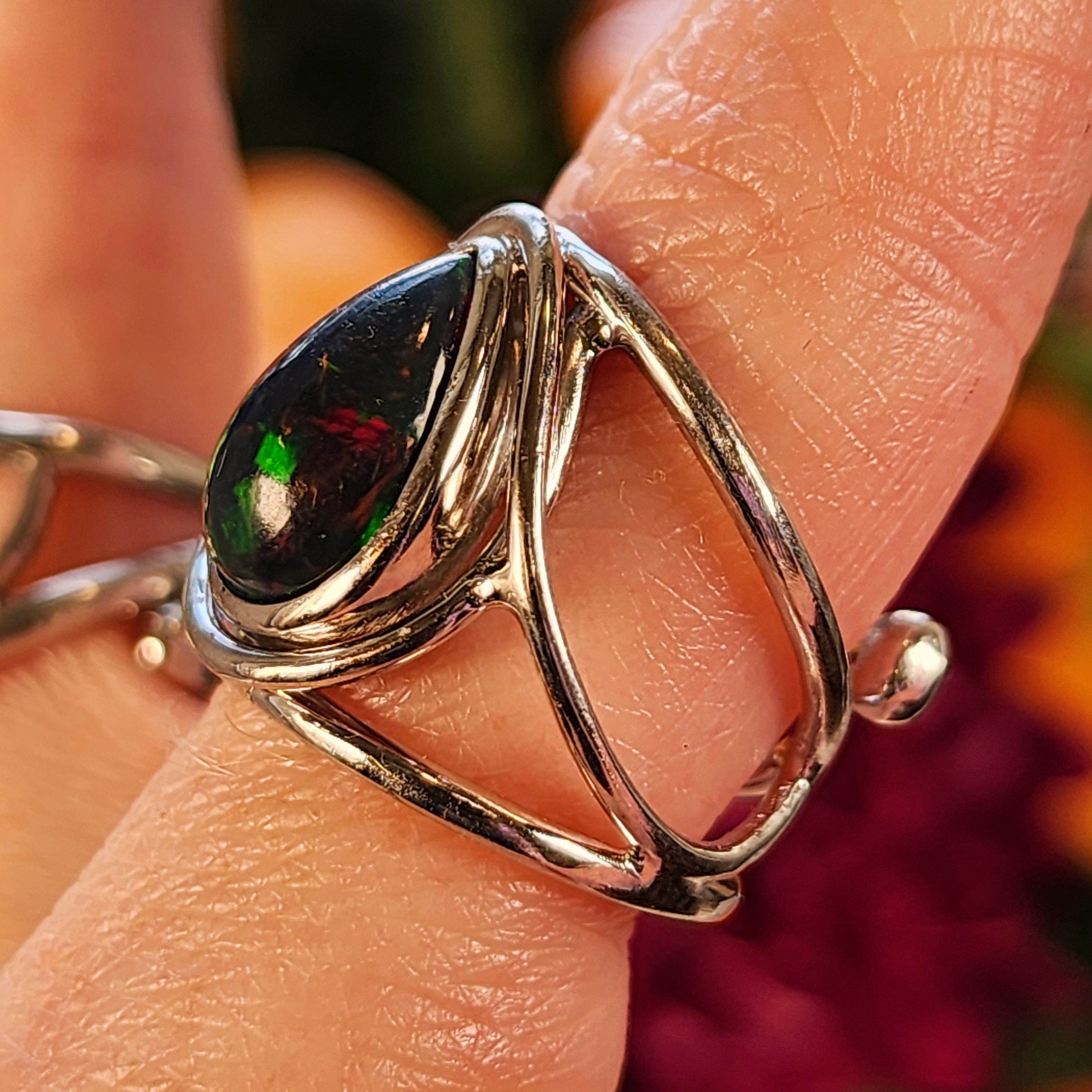 Black Precious Opal Finger Cuff Adjustable Ring .925 Silver for Good Luck, Protection and Joy