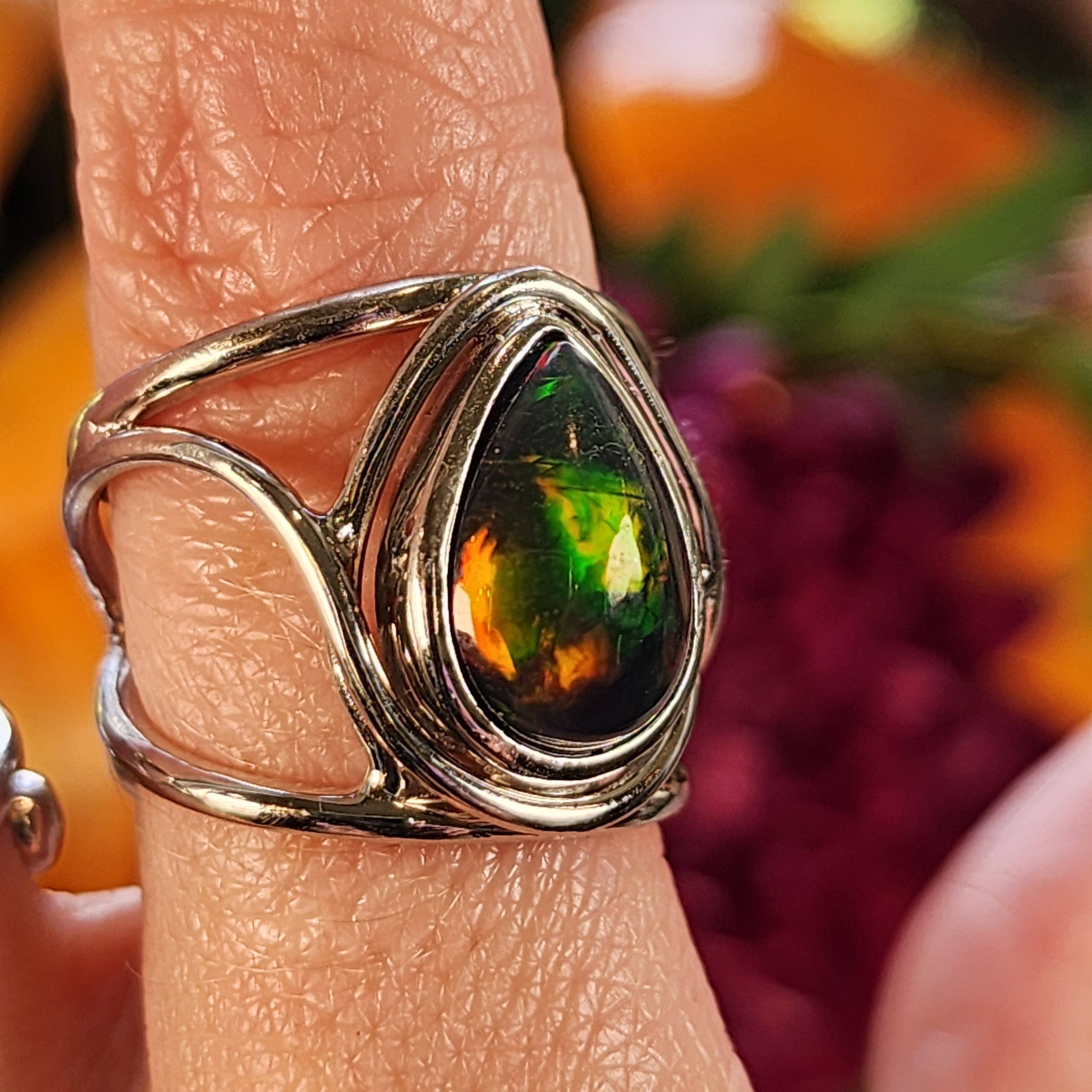 Black Precious Opal Finger Cuff Adjustable Ring .925 Silver for Good Luck, Protection and Joy