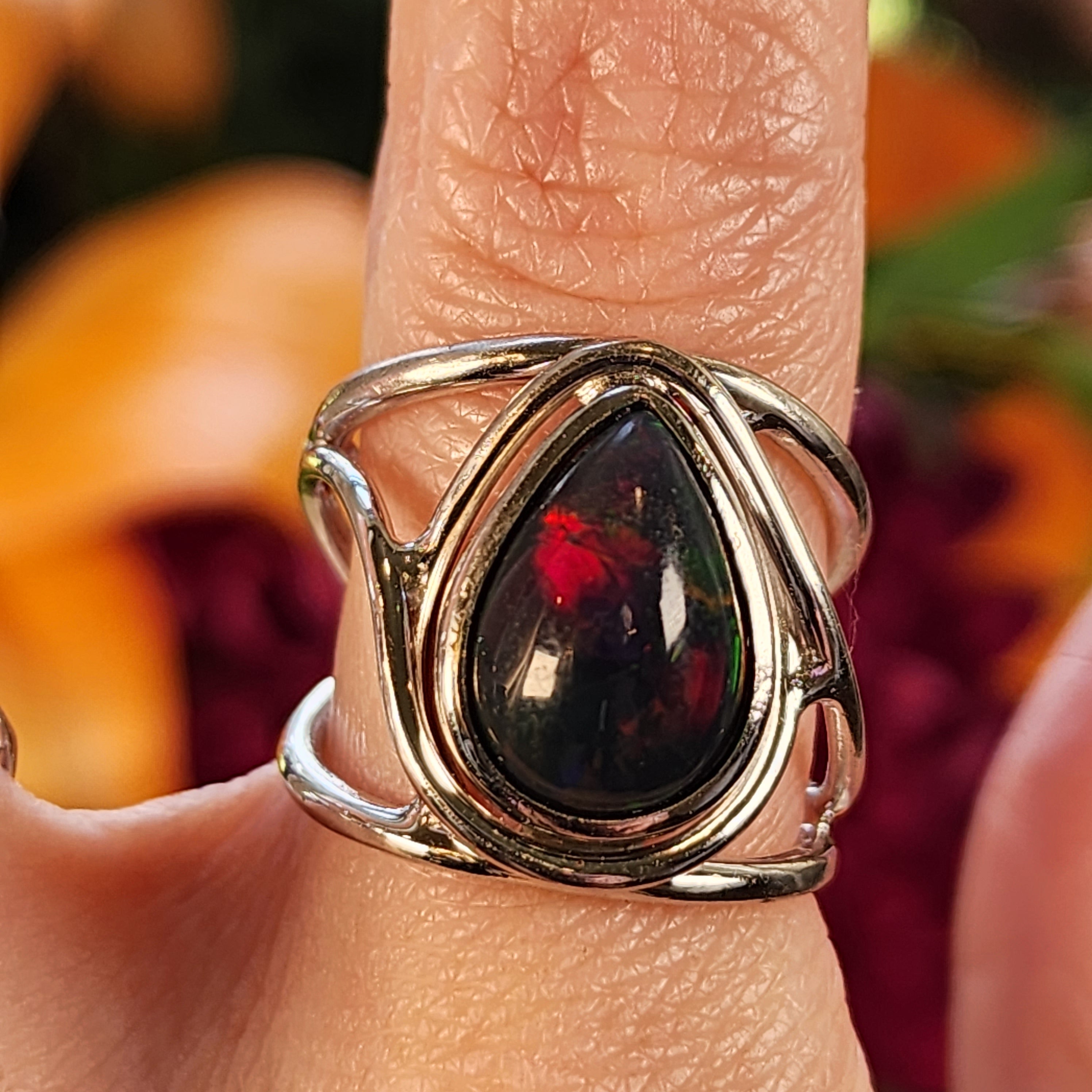 Black Precious Opal Finger Cuff Adjustable Ring .925 Silver for Good Luck, Protection and Joy