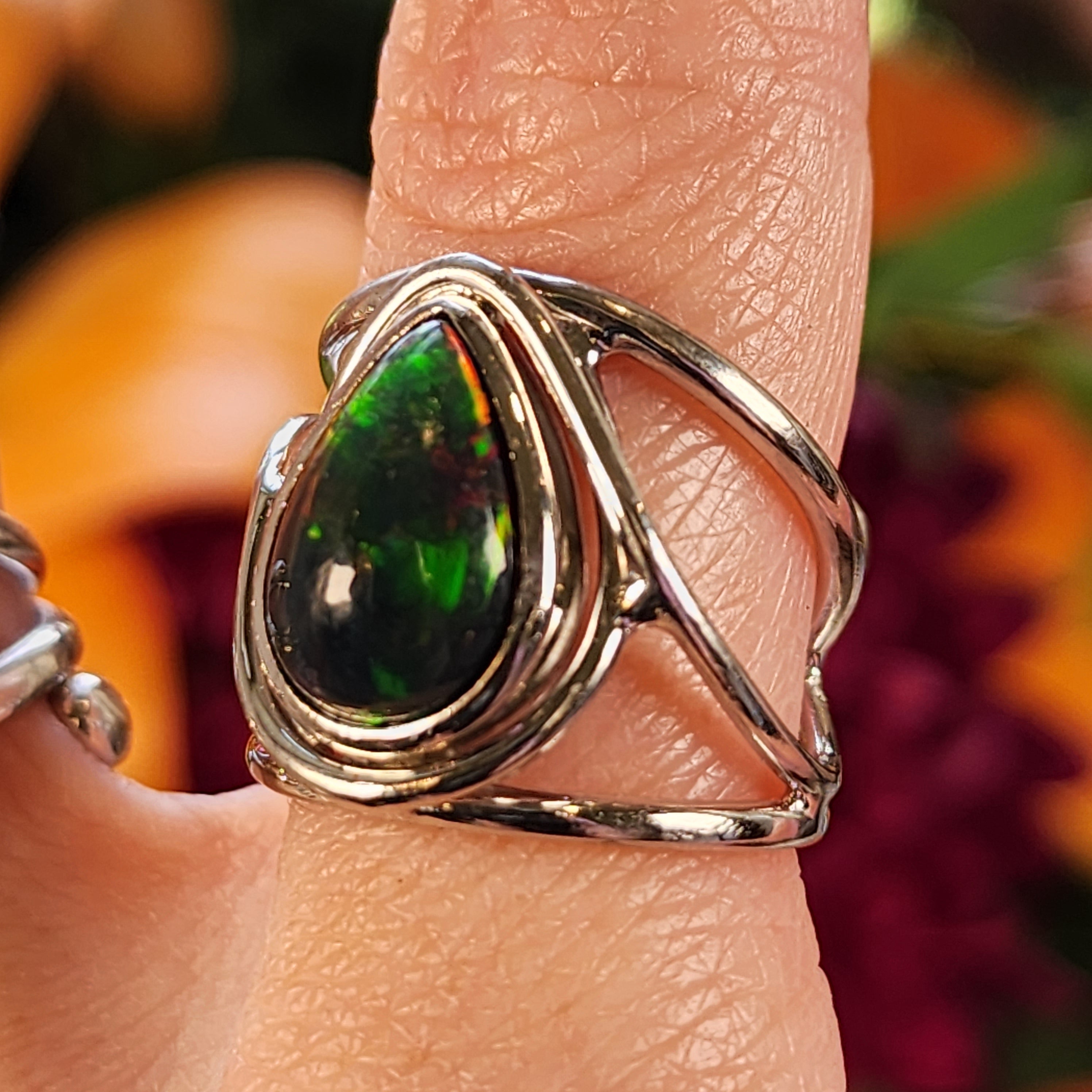 Black Precious Opal Finger Cuff Adjustable Ring .925 Silver for Good Luck, Protection and Joy