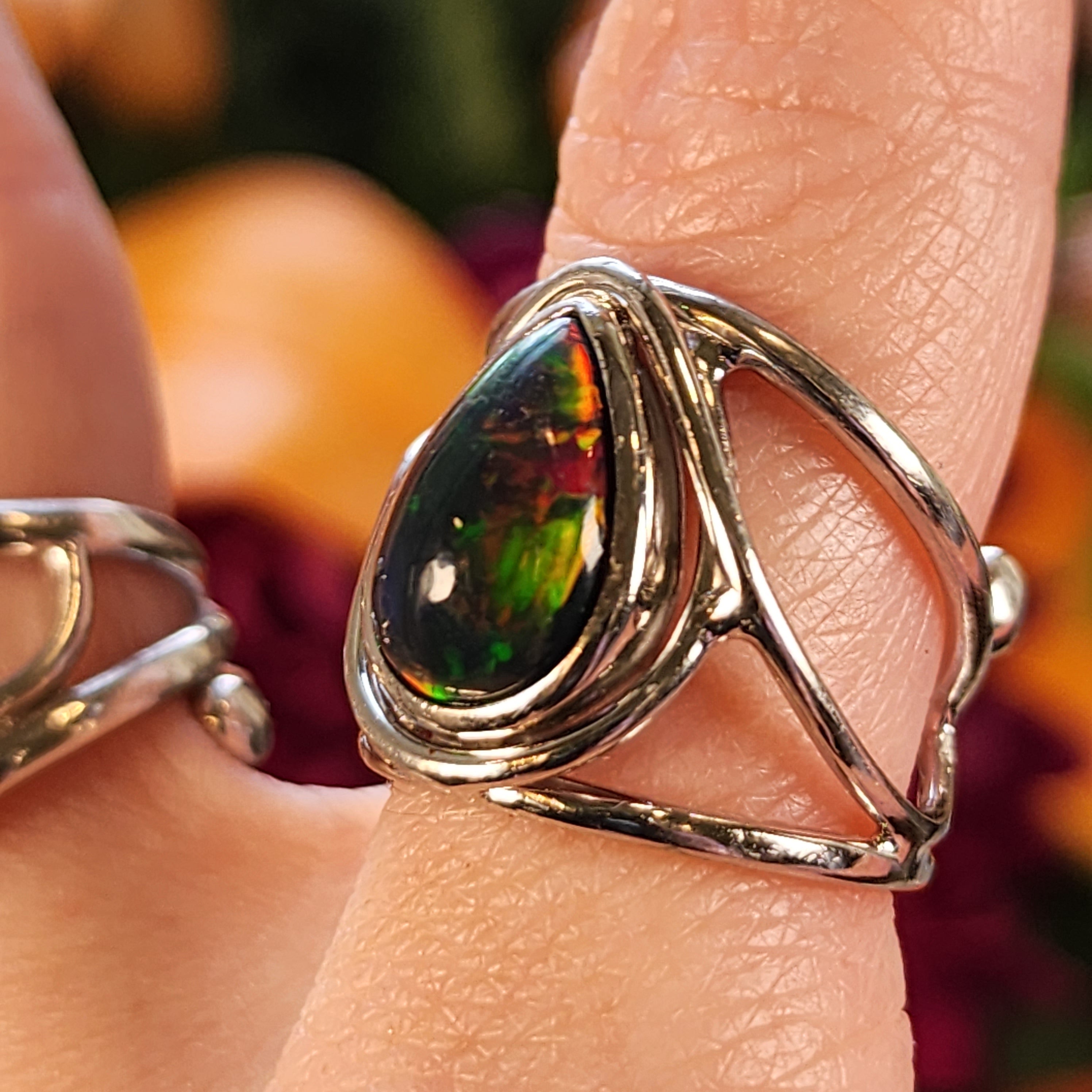 Black Precious Opal Finger Cuff Adjustable Ring .925 Silver for Good Luck, Protection and Joy