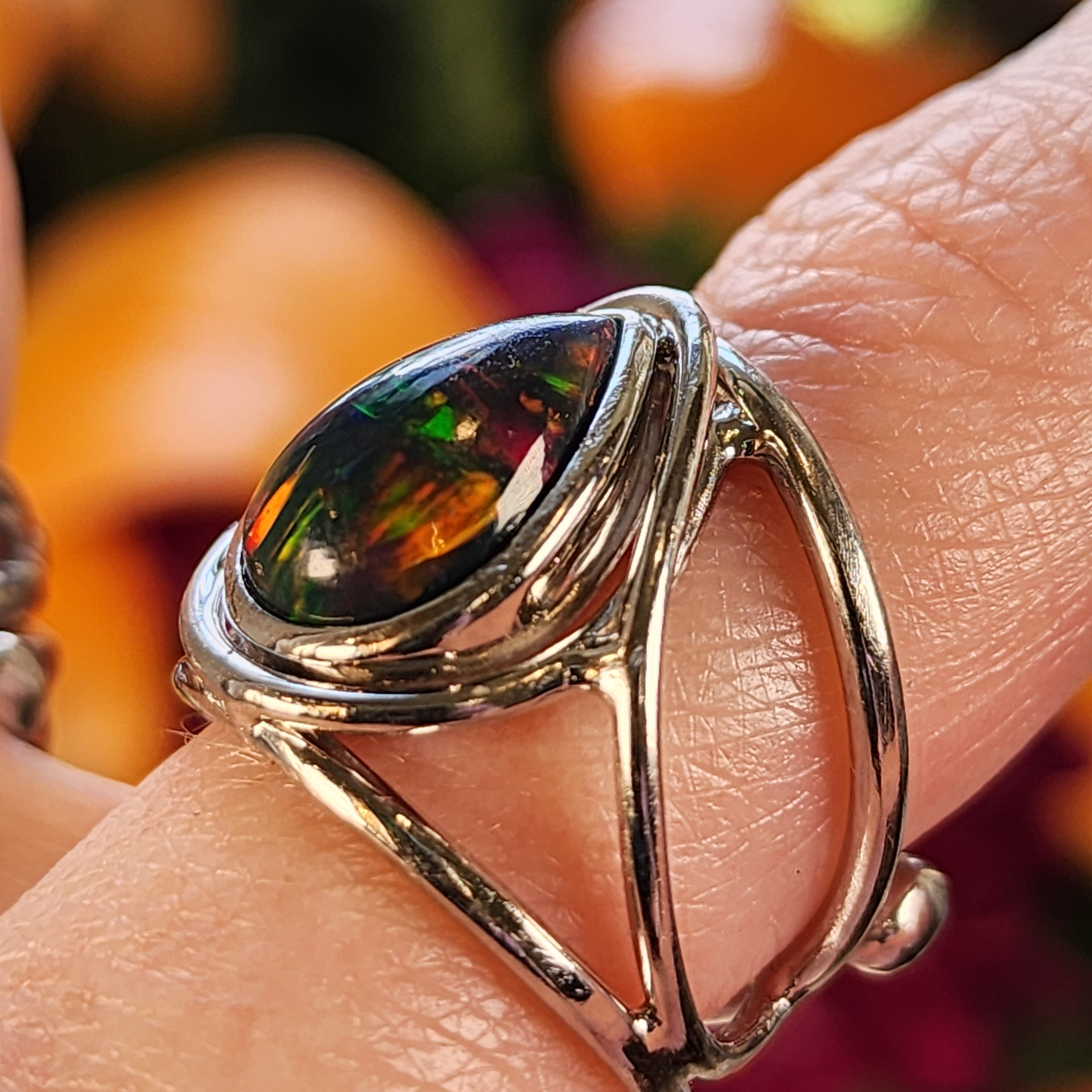 Black Precious Opal Finger Cuff Adjustable Ring .925 Silver for Good Luck, Protection and Joy