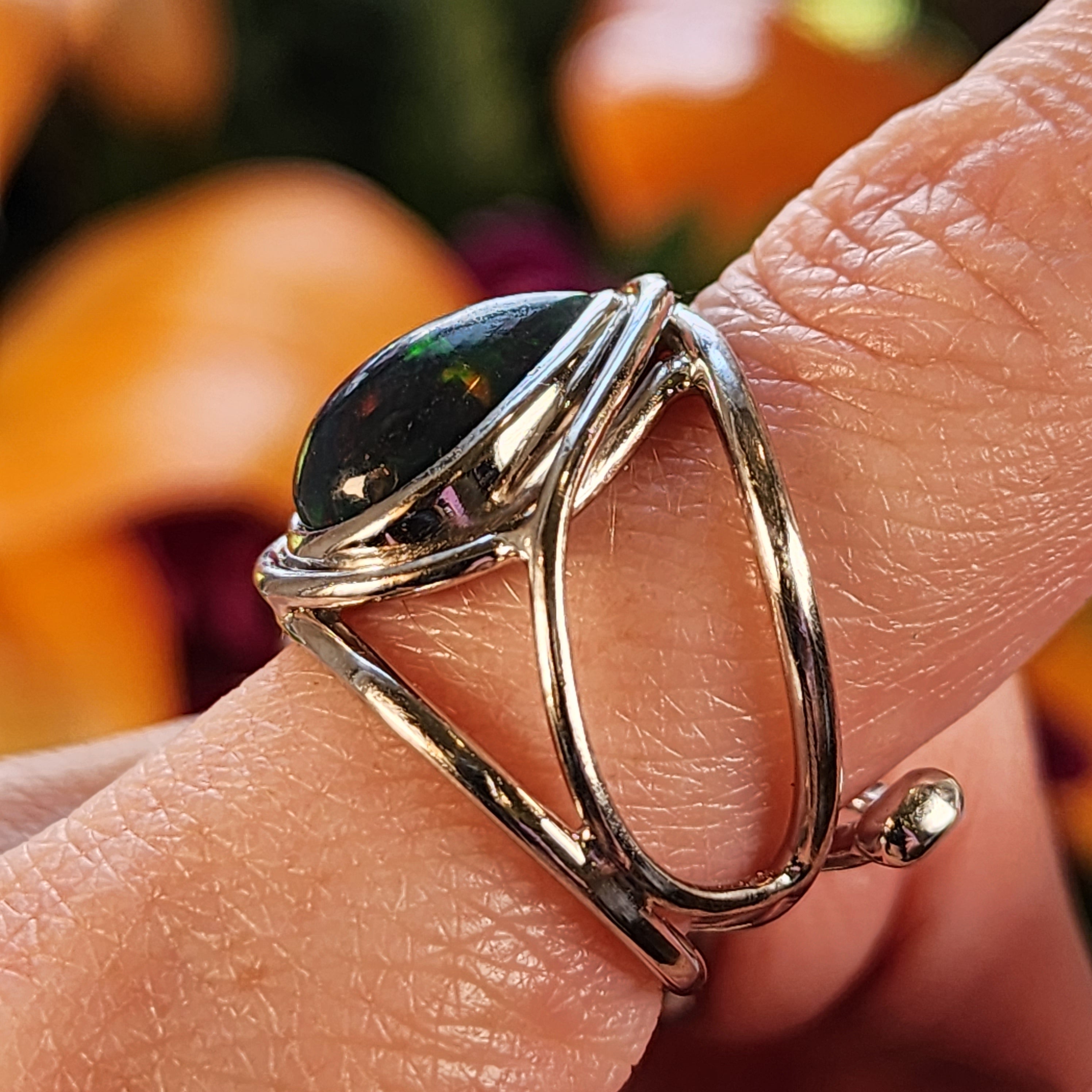 Black Precious Opal Finger Cuff Adjustable Ring .925 Silver for Good Luck, Protection and Joy