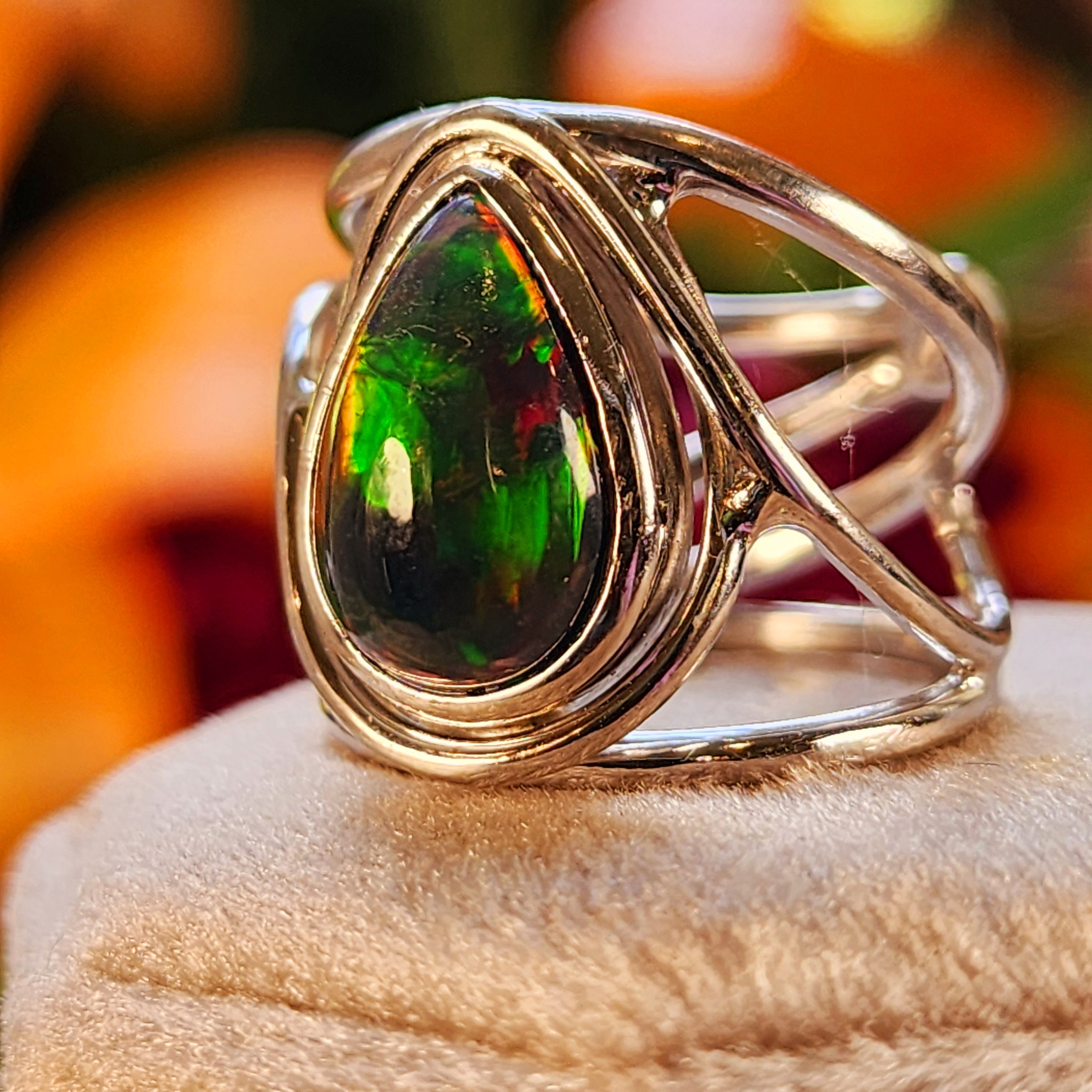 Black Precious Opal Finger Cuff Adjustable Ring .925 Silver for Good Luck, Protection and Joy