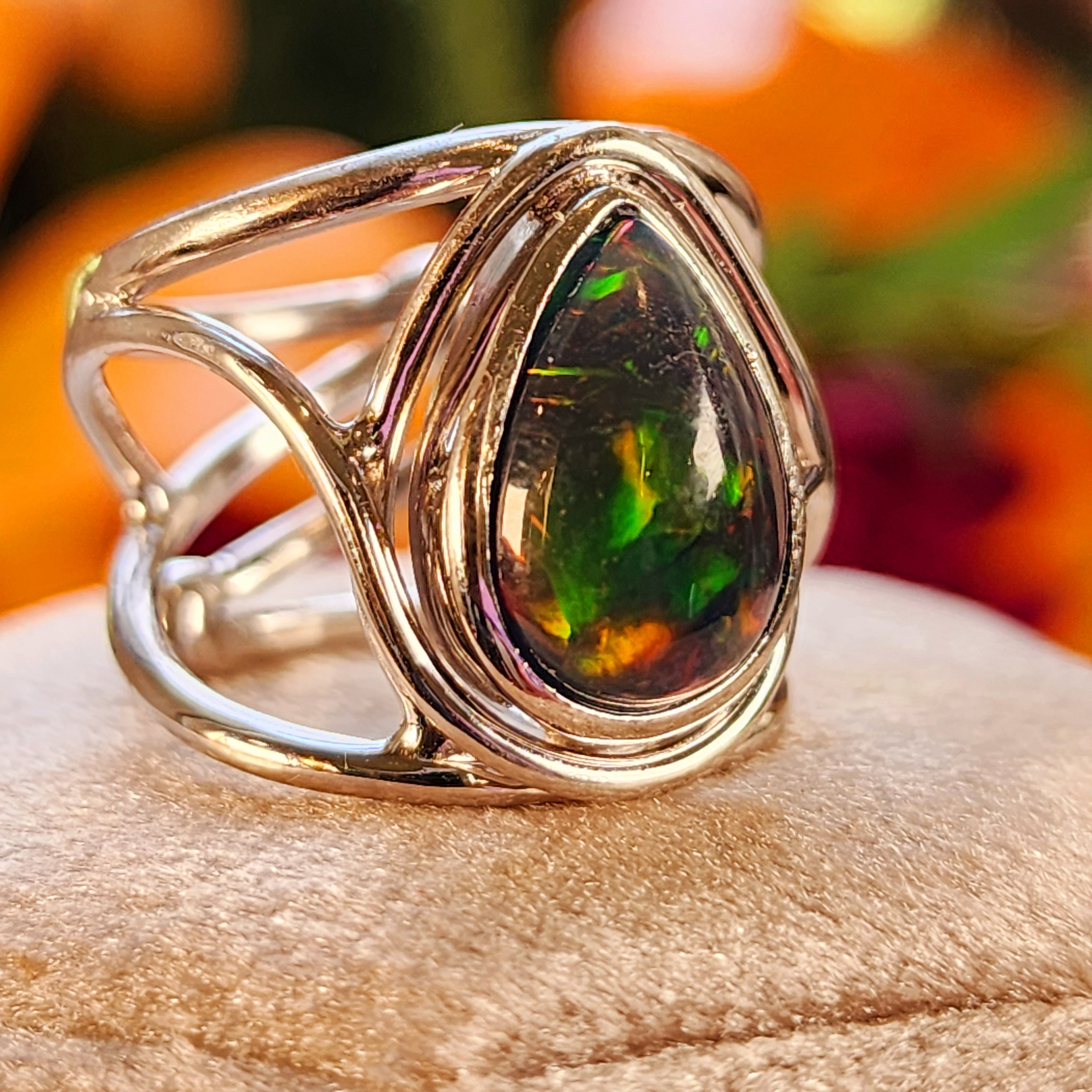 Black Precious Opal Finger Cuff Adjustable Ring .925 Silver for Good Luck, Protection and Joy