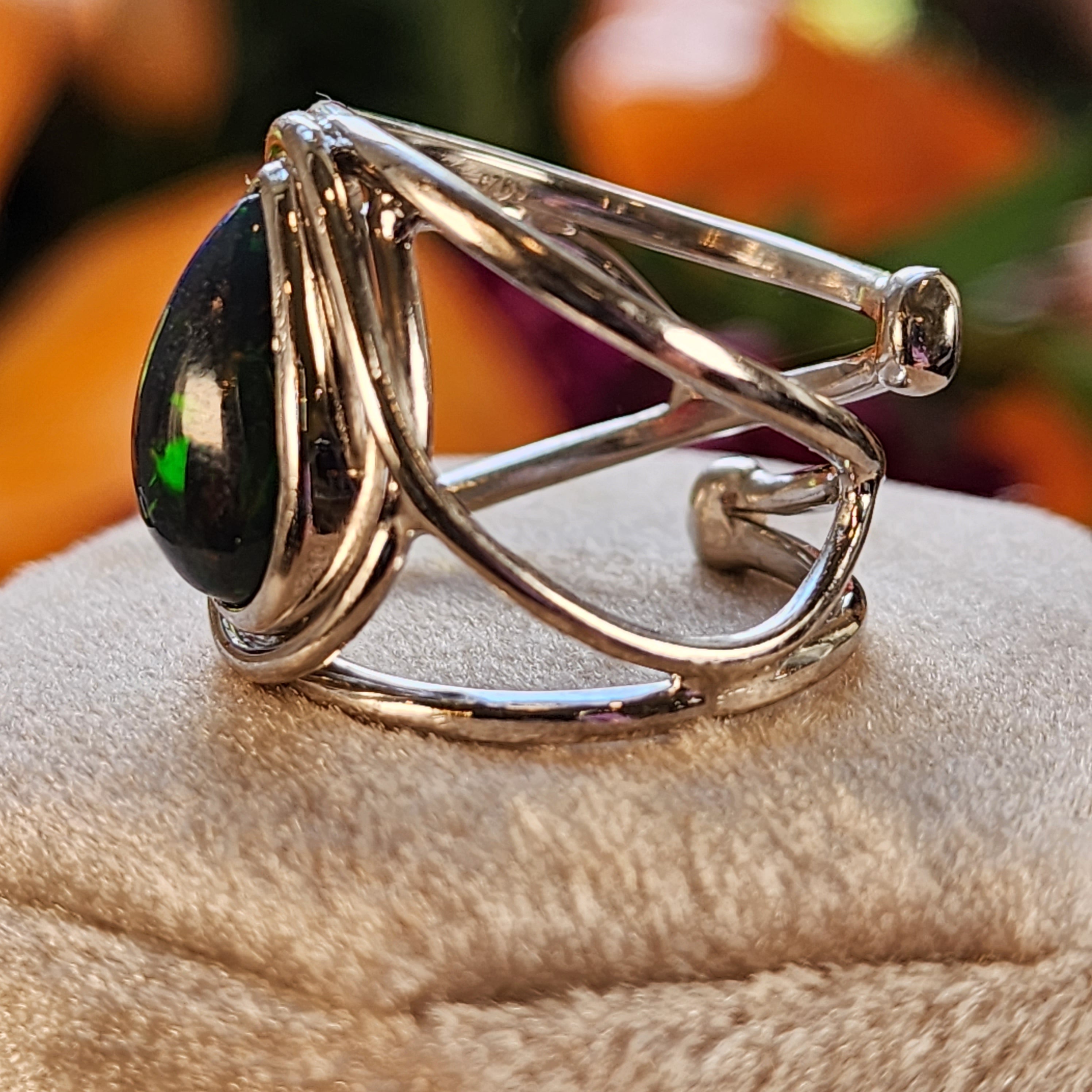 Black Precious Opal Finger Cuff Adjustable Ring .925 Silver for Good Luck, Protection and Joy