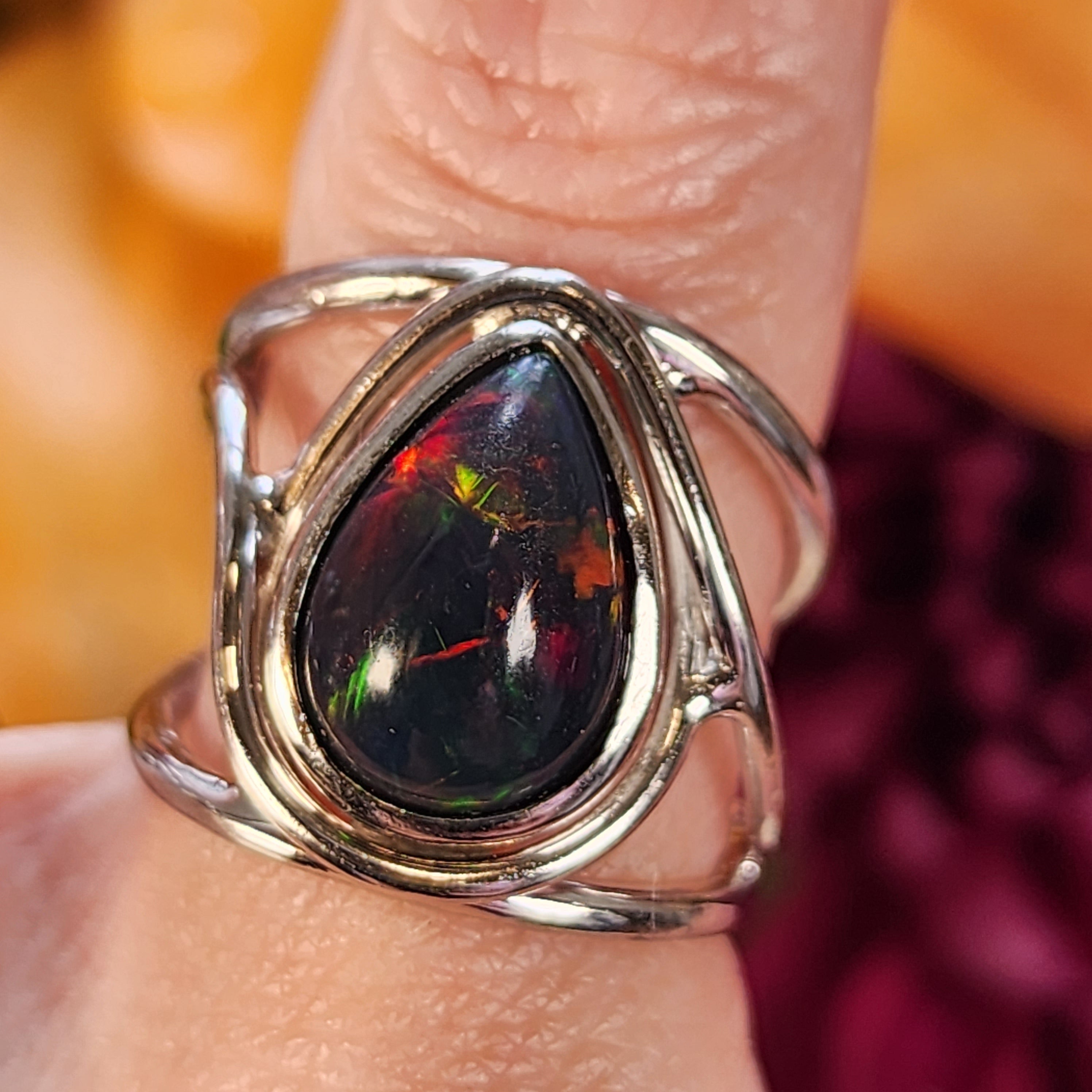 Black Precious Opal Finger Cuff Adjustable Ring .925 Silver for Good Luck, Protection and Joy