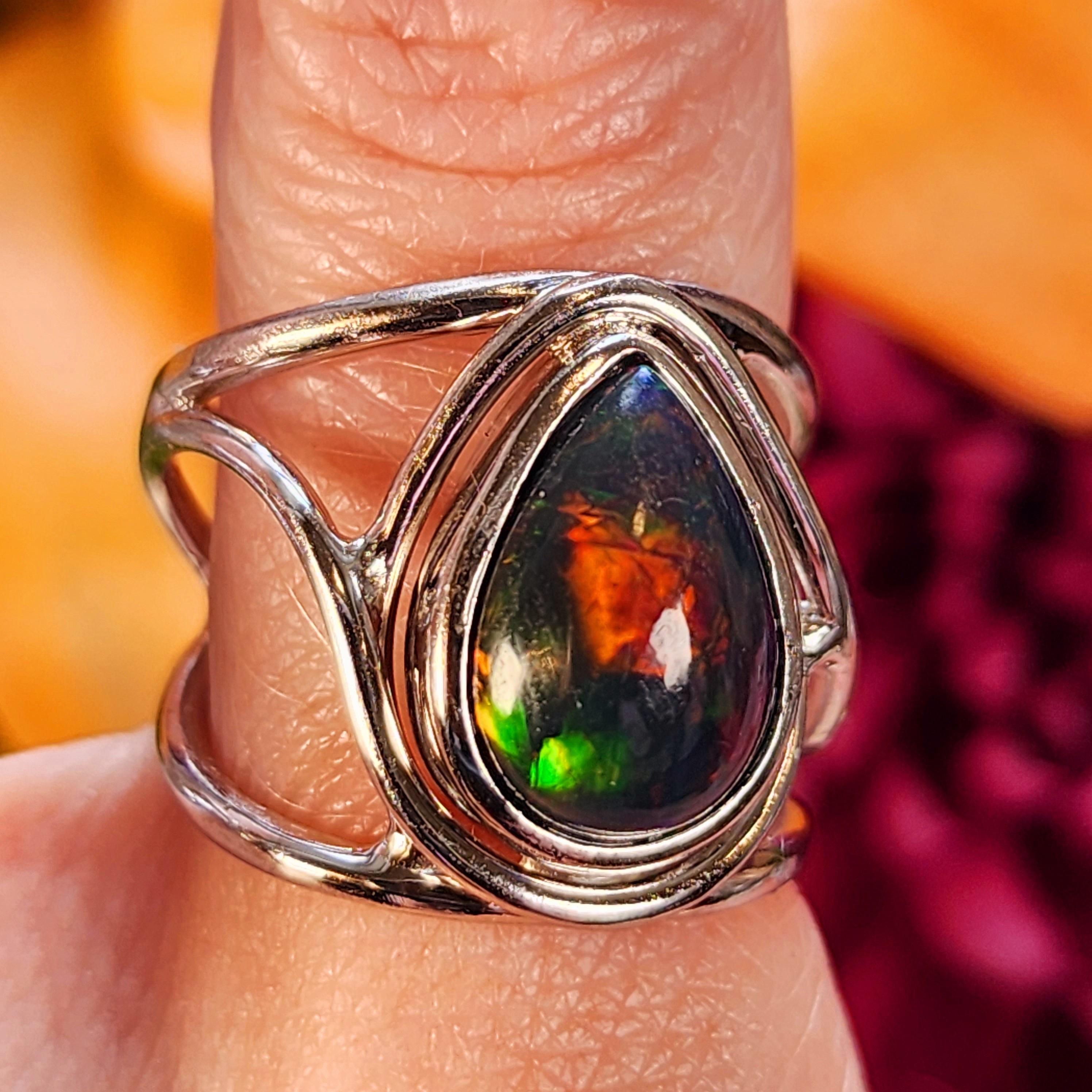 Black Precious Opal Finger Cuff Adjustable Ring .925 Silver for Good Luck, Protection and Joy