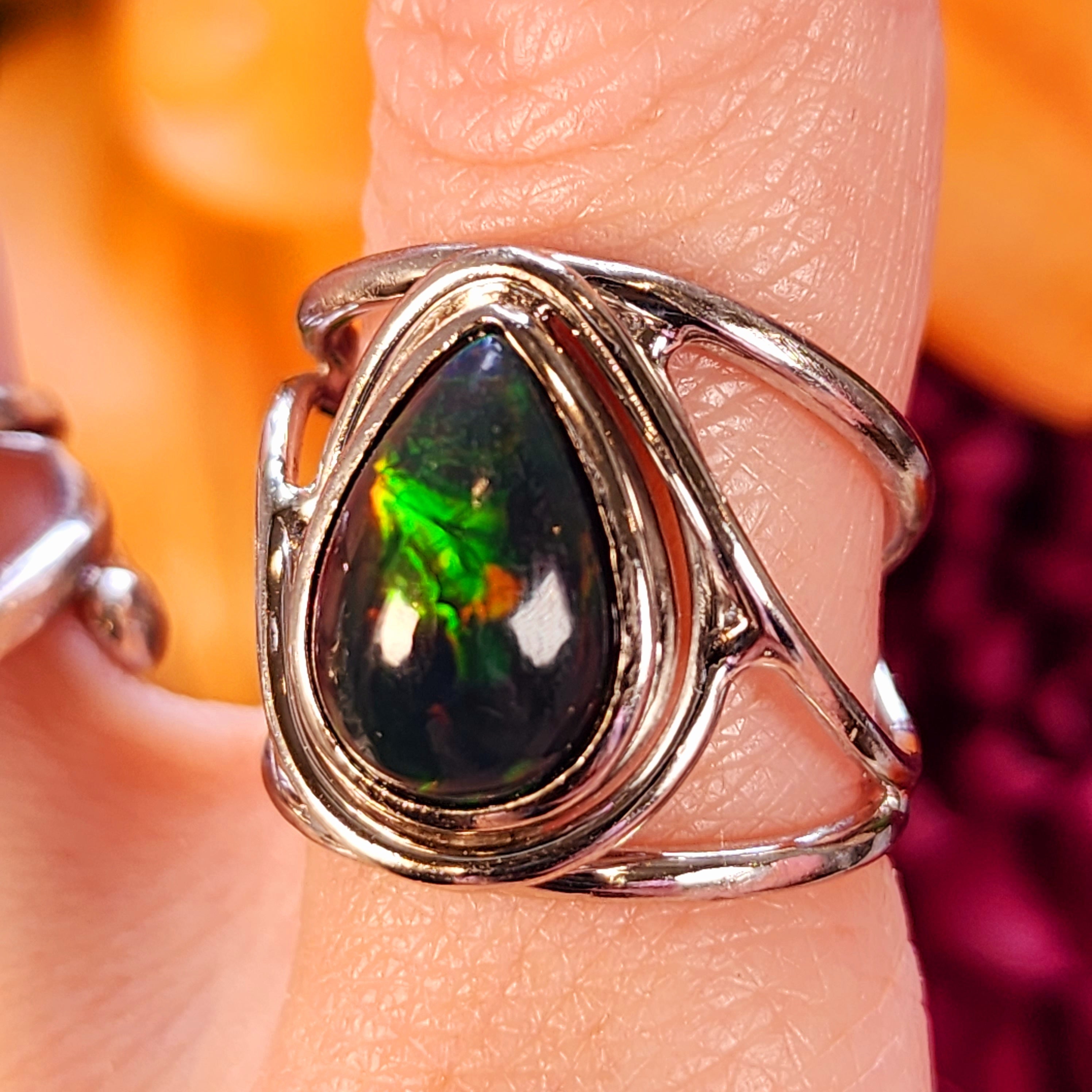 Black Precious Opal Finger Cuff Adjustable Ring .925 Silver for Good Luck, Protection and Joy