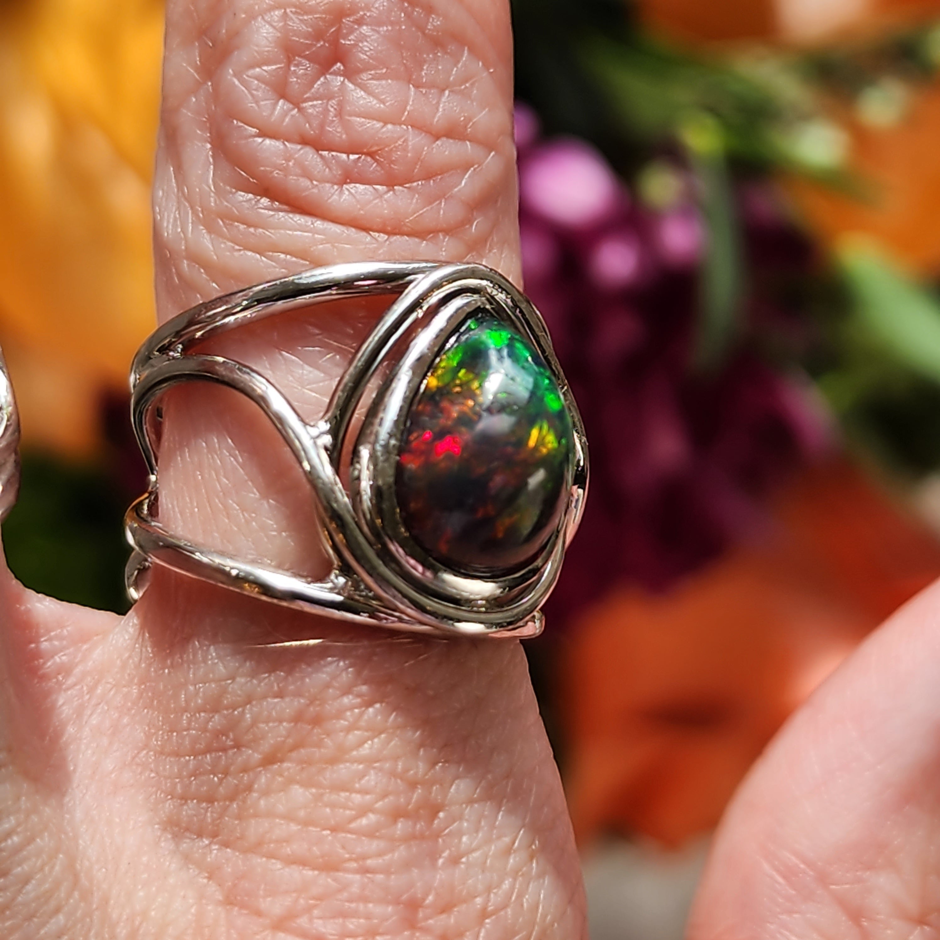 Black Precious Opal Finger Cuff Adjustable Ring .925 Silver for Good Luck, Protection and Joy