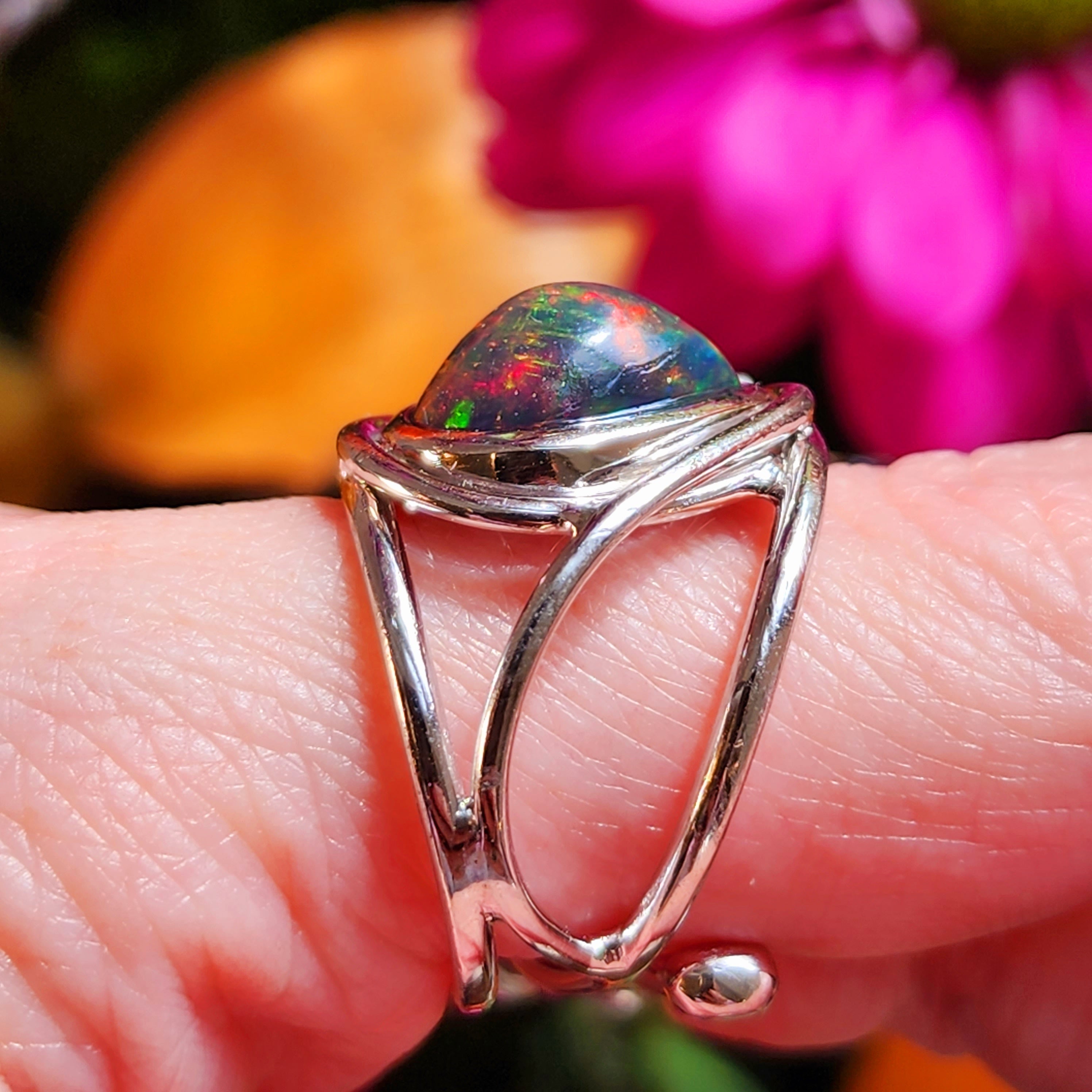 Black Precious Opal Finger Cuff Adjustable Ring .925 Silver for Good Luck, Protection and Joy