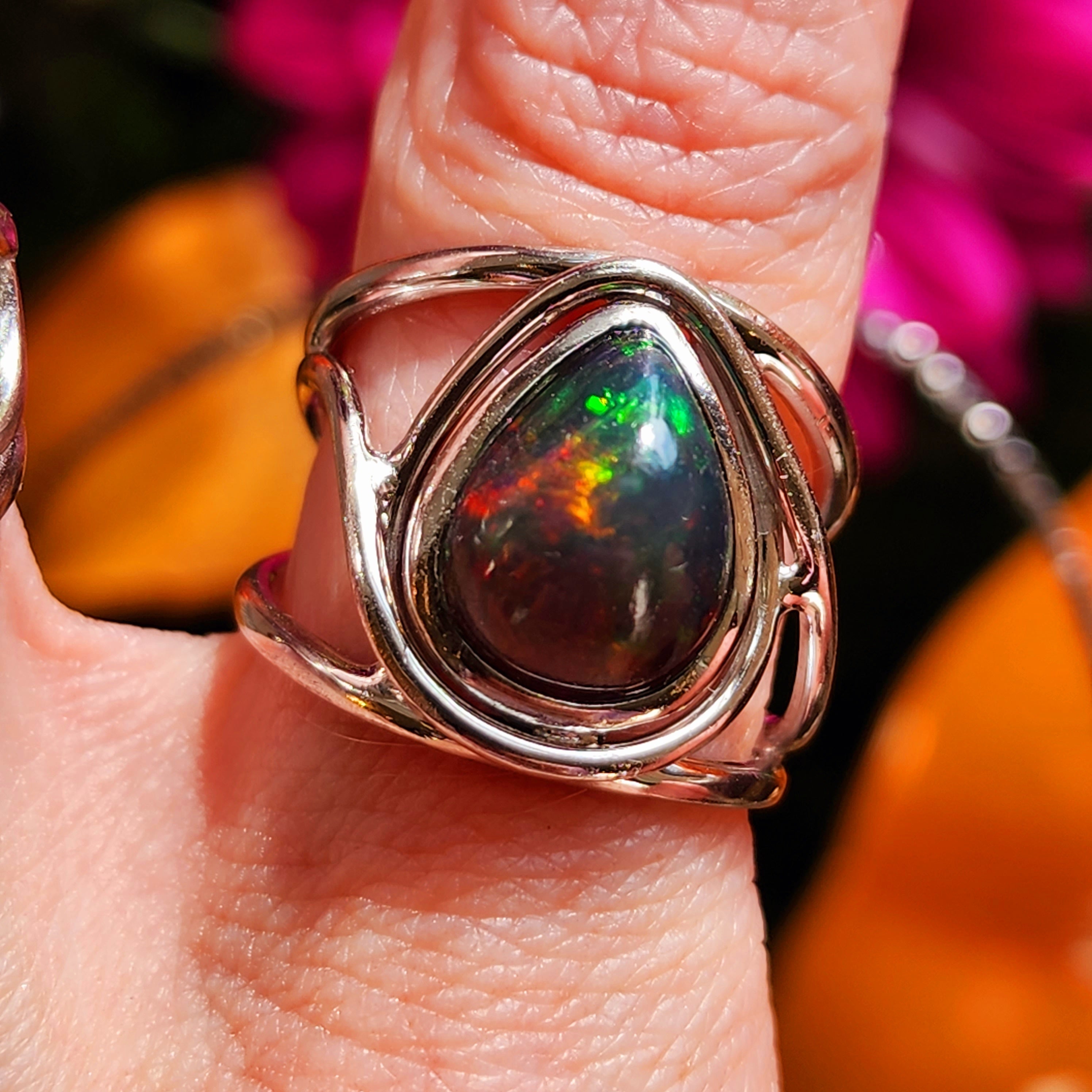 Black Precious Opal Finger Cuff Adjustable Ring .925 Silver for Good Luck, Protection and Joy