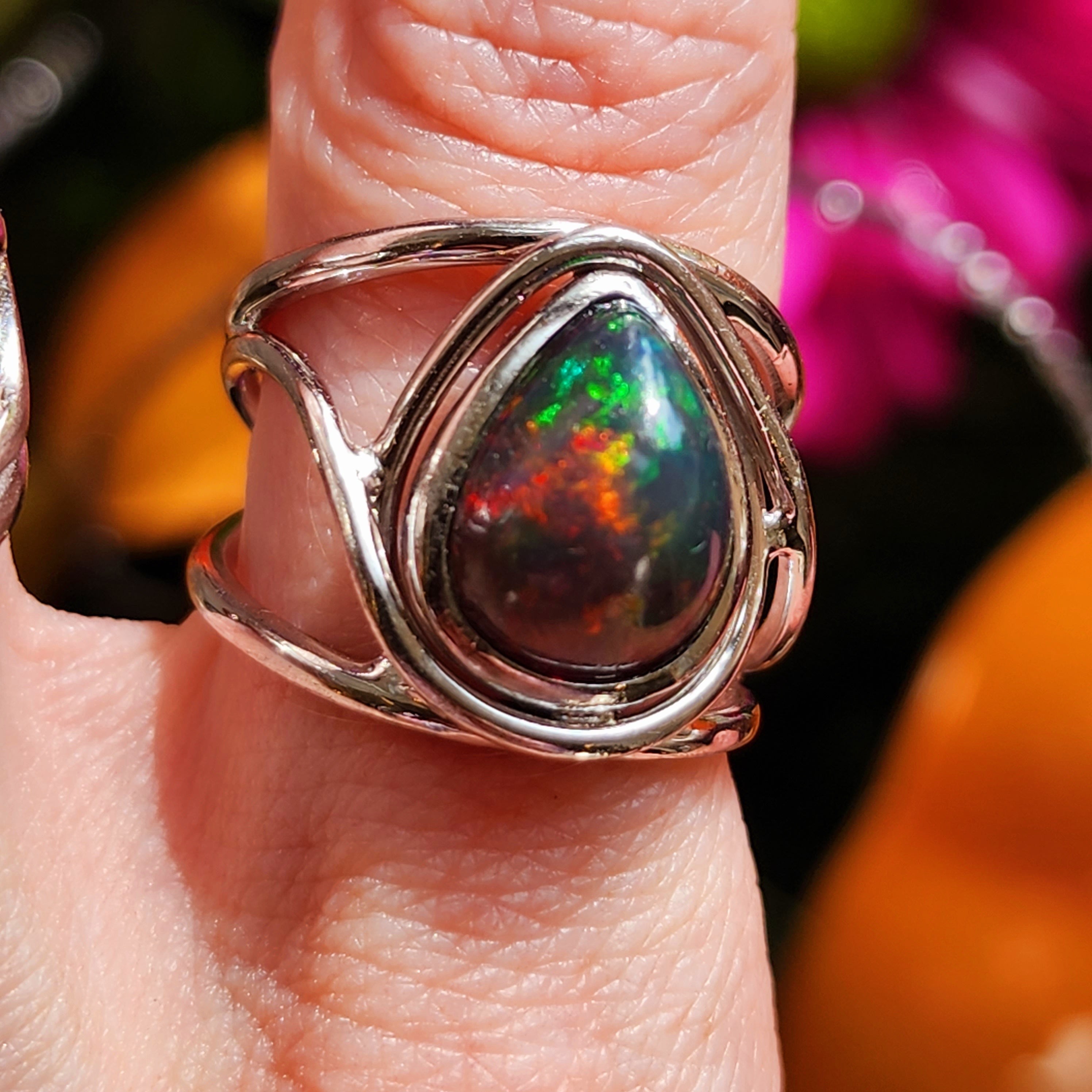 Black Precious Opal Finger Cuff Adjustable Ring .925 Silver for Good Luck, Protection and Joy