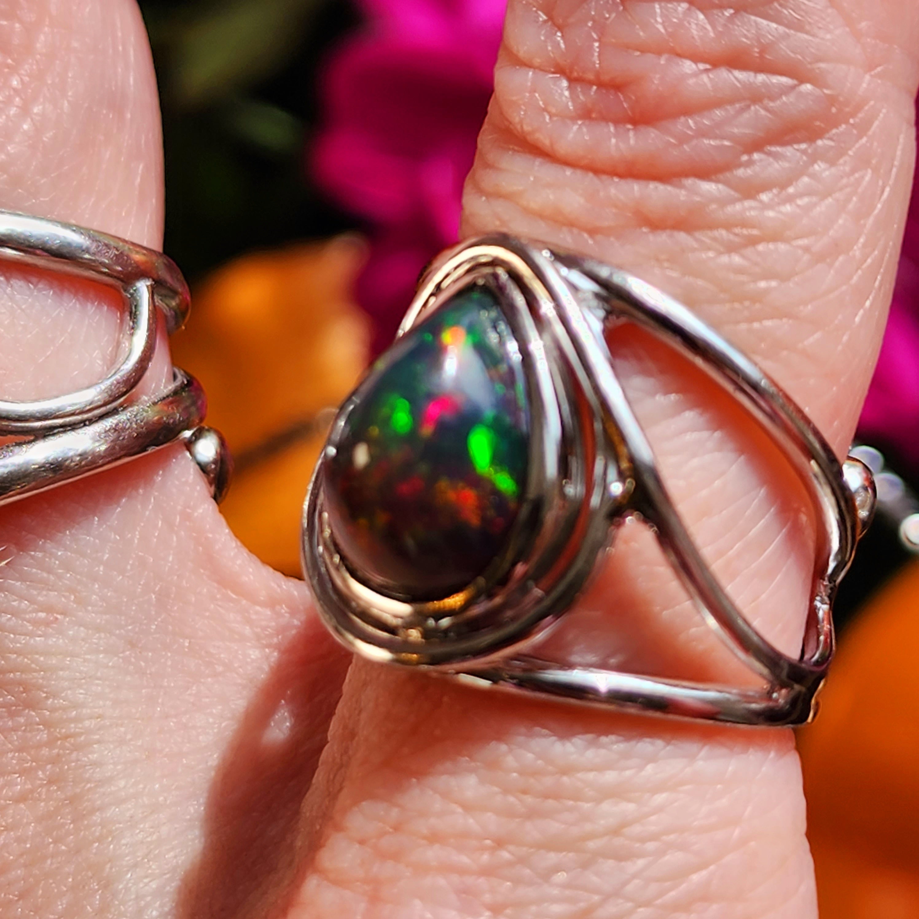 Black Precious Opal Finger Cuff Adjustable Ring .925 Silver for Good Luck, Protection and Joy